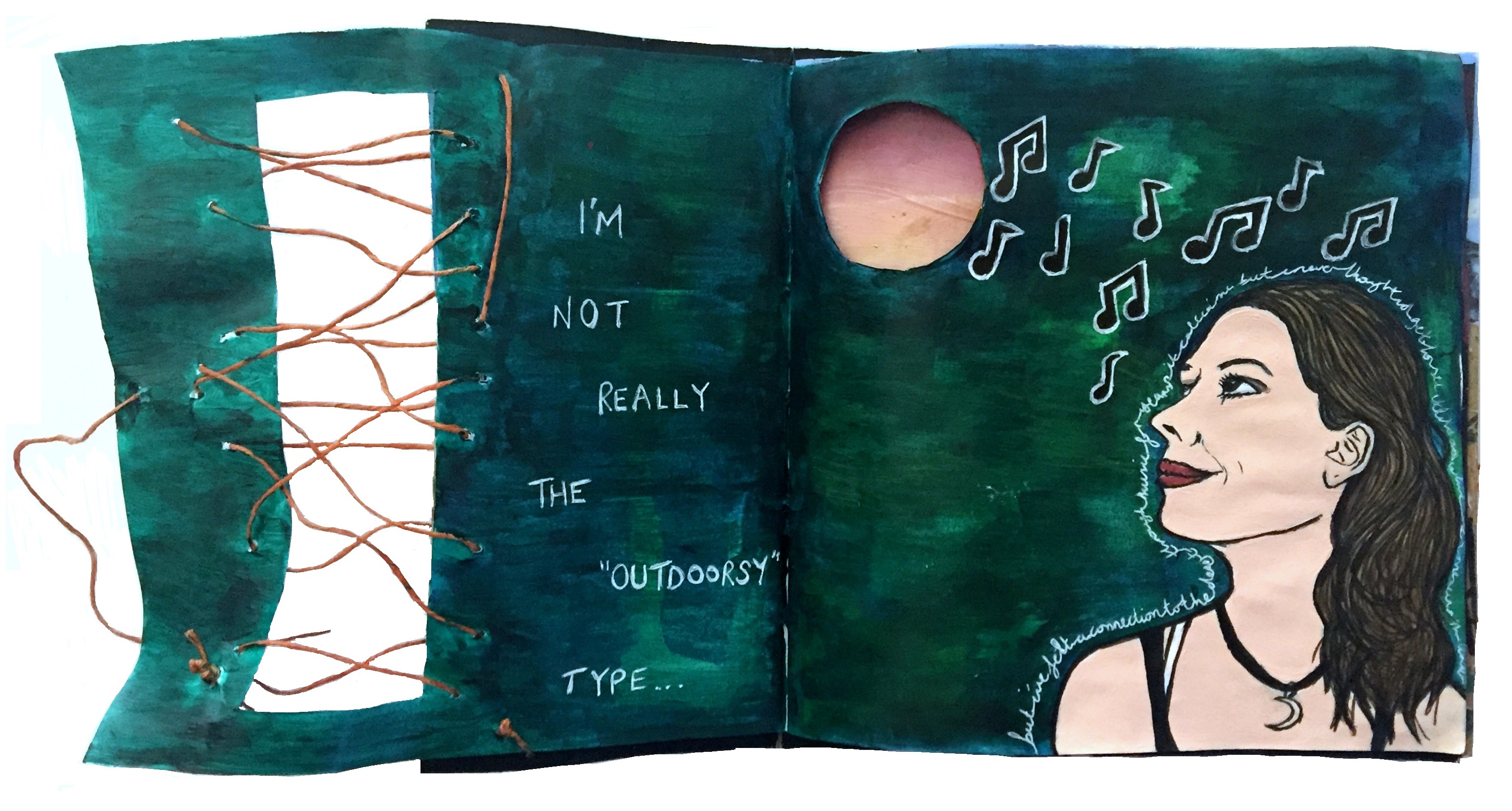 A mixed media art journal illustration of myself listening to music.