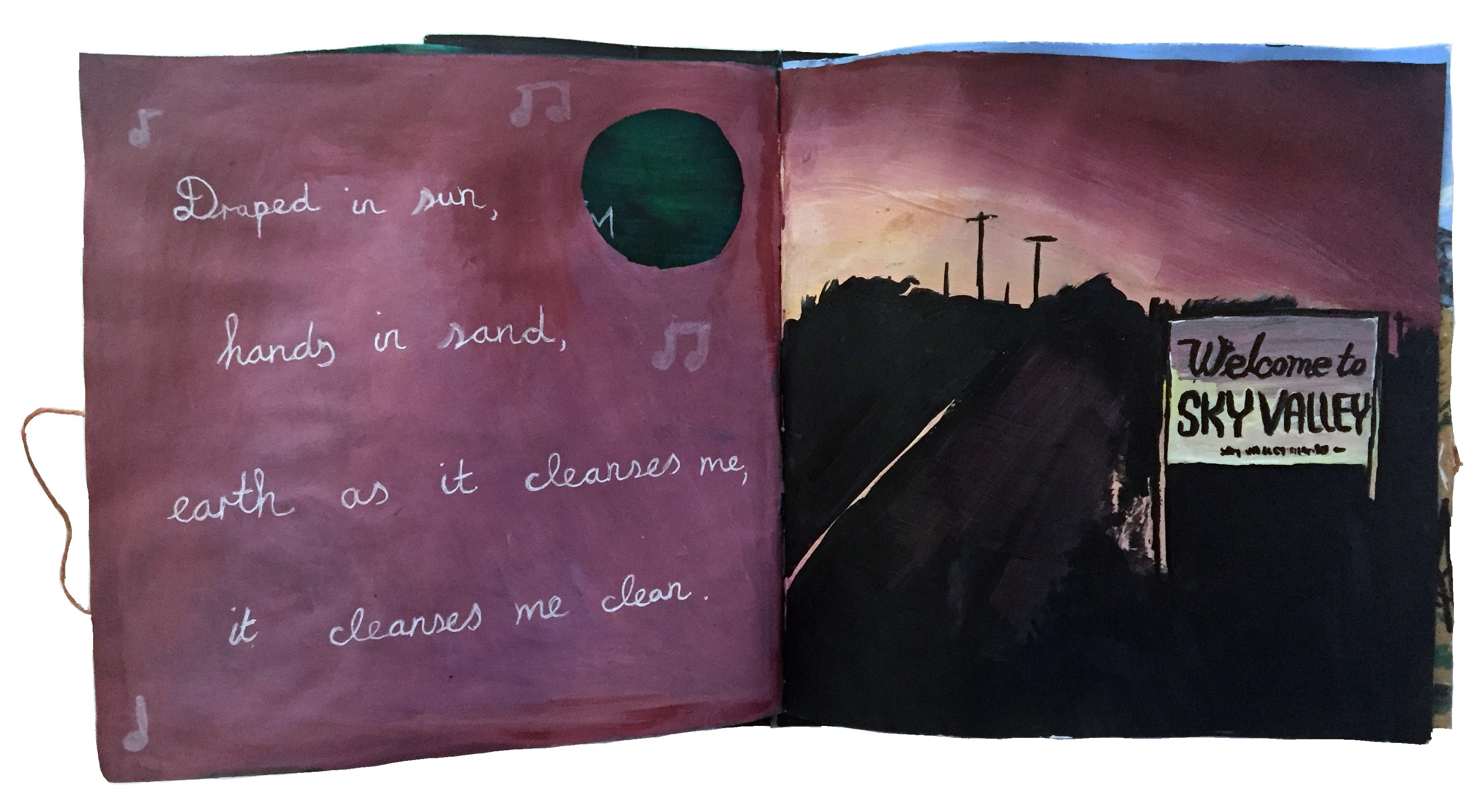 A mixed media art journal illustration of the cover of Welcome to Sky Valley by the band Kyuss and lyrics from the song Space Cadet.