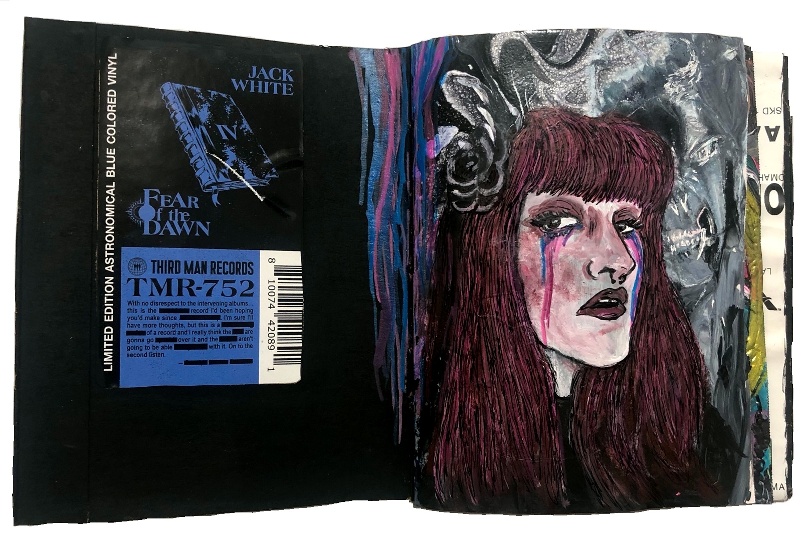 A mixed media art journal page with an illustration of a woman crying in rainbow colors against an acrylic paint pour background with a demon face appears behind her. Reference photo was from Museum by Sktchy. There is a Jack White sticker on the left page.
