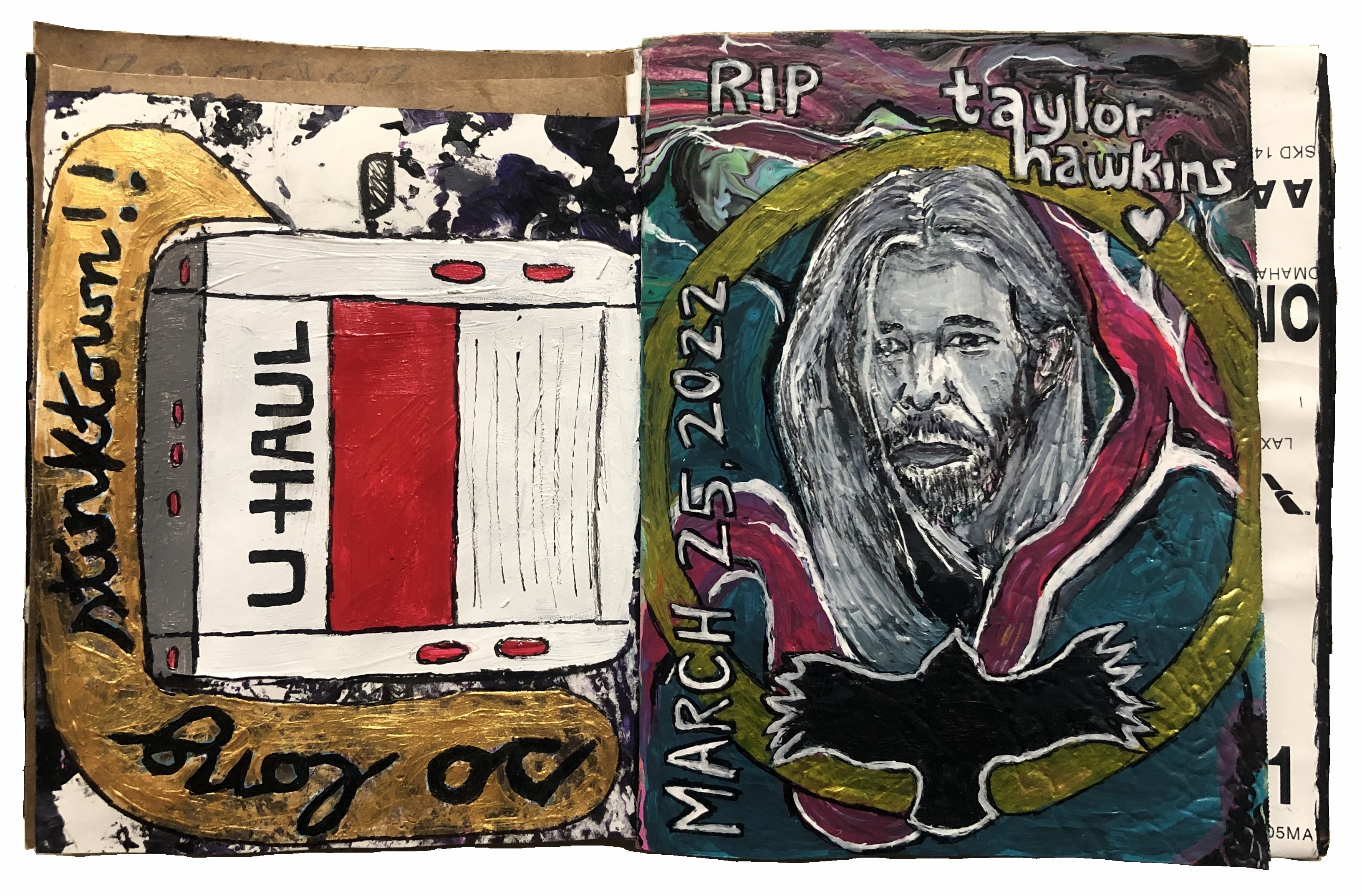 A mixed media art journal page with an illustration about moving out of a city we hated (on the left) and a portrait in tribute to Taylor Hawkins (on the right).