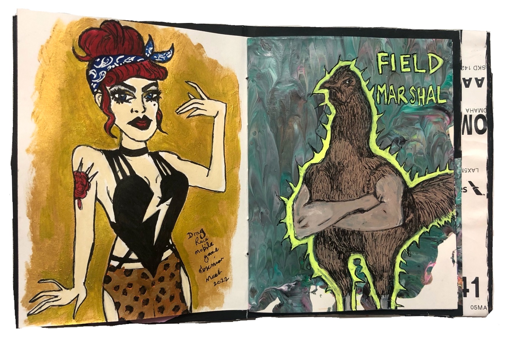 A mixed media art journal page with a drawing of my RuPaul's Drag Race game avatar and a disgruntled rooster with jacked arms, an inside joke from my new job, against a paint pour background.