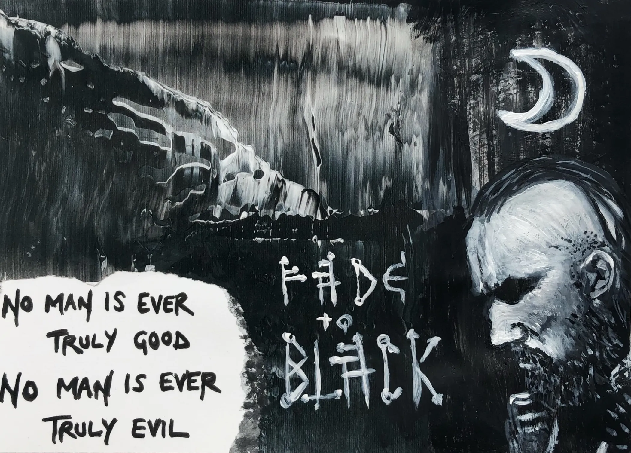 A mixed media postcard diary with a painting of WWE wrestler Aleister Black underneath a crescent moon with the words fade to black and no man is ever truly good no man is ever truly evil next to him.