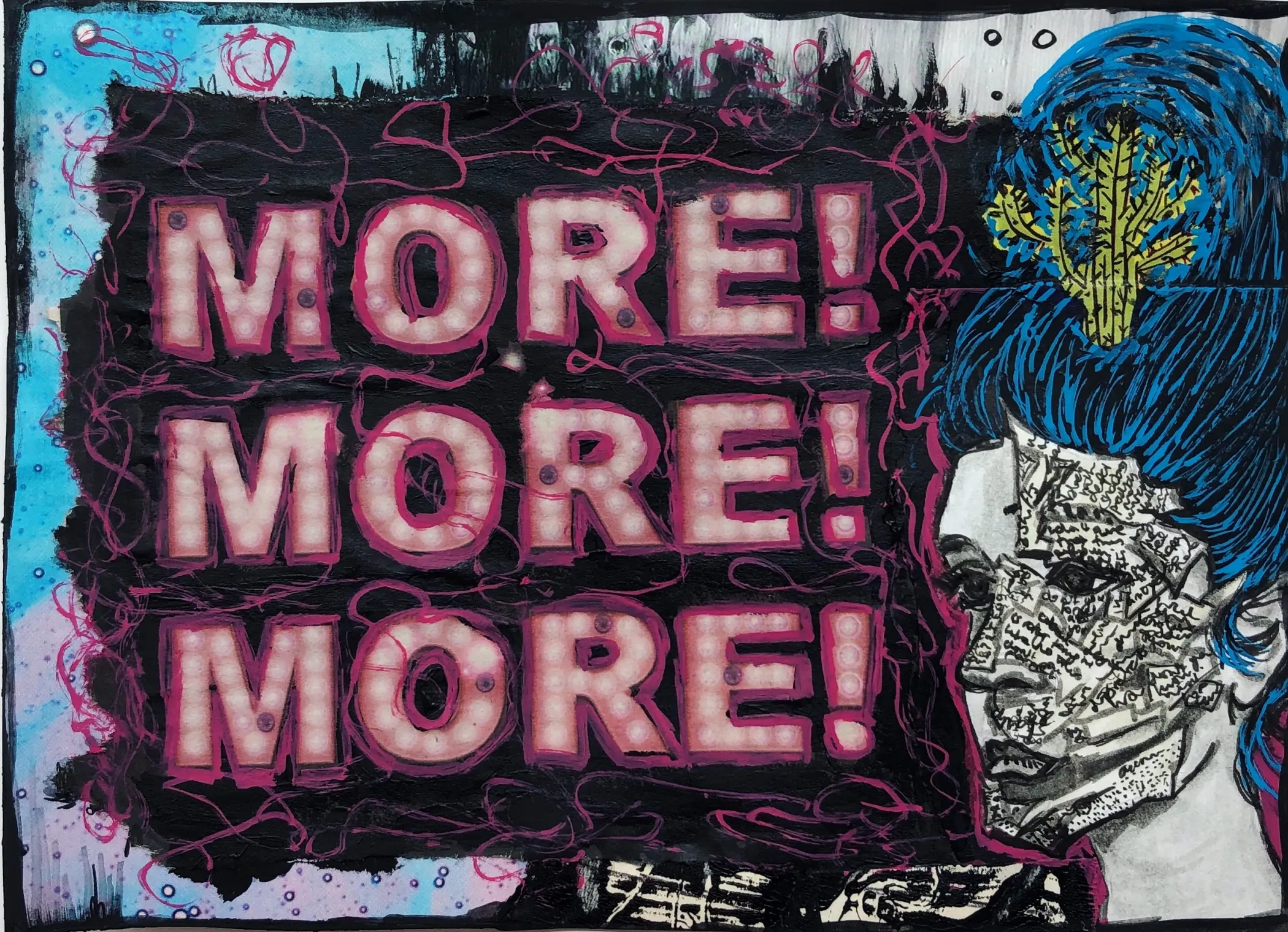 A mixed media postcard diary featuring a portrait of a woman with blue hair and a cactus in her hair, with the words more! more! more! next to her.