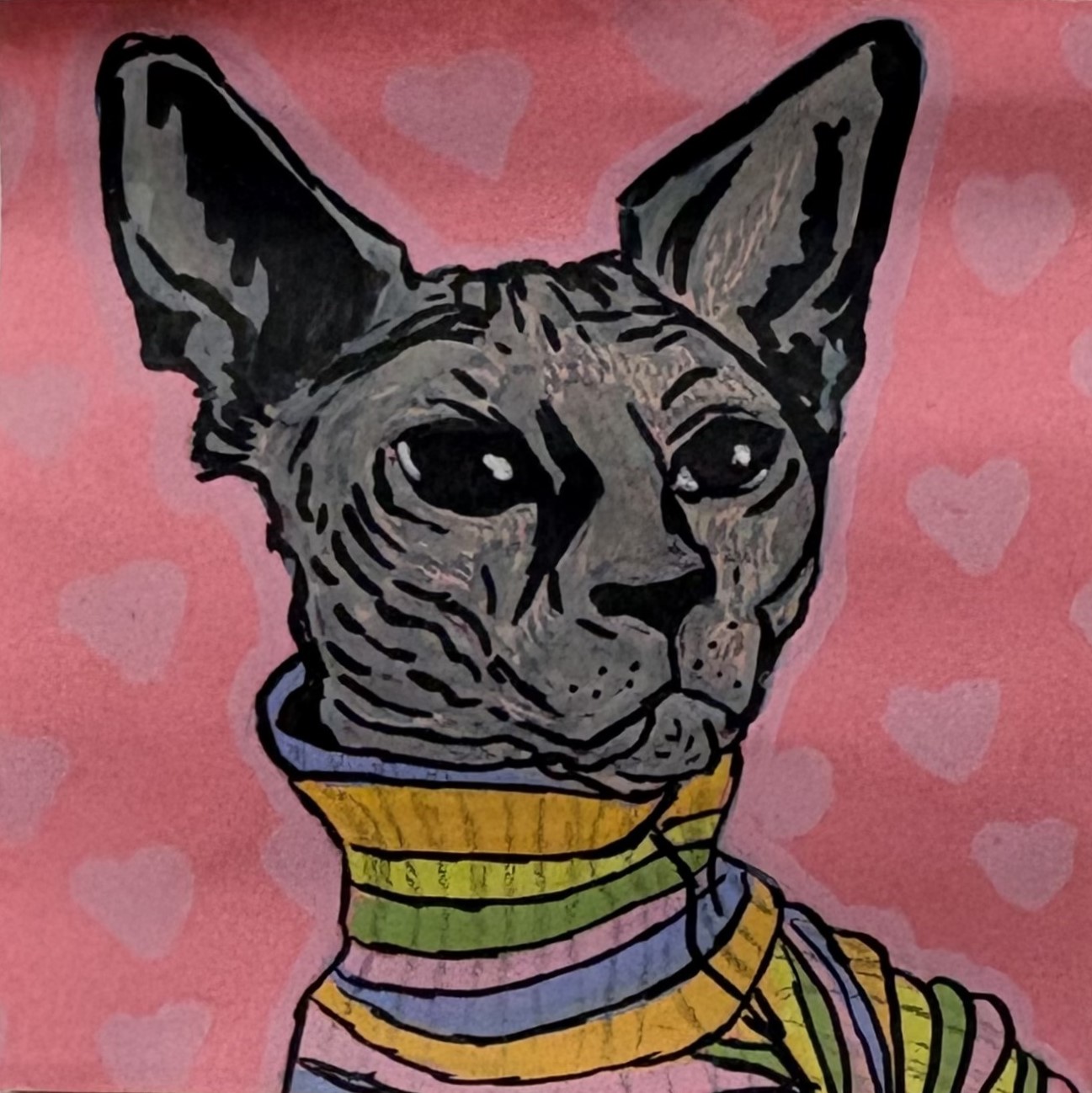Cat in a Sweater. An illustration of a hairless cat in a rainbow sweater on a post-it note.