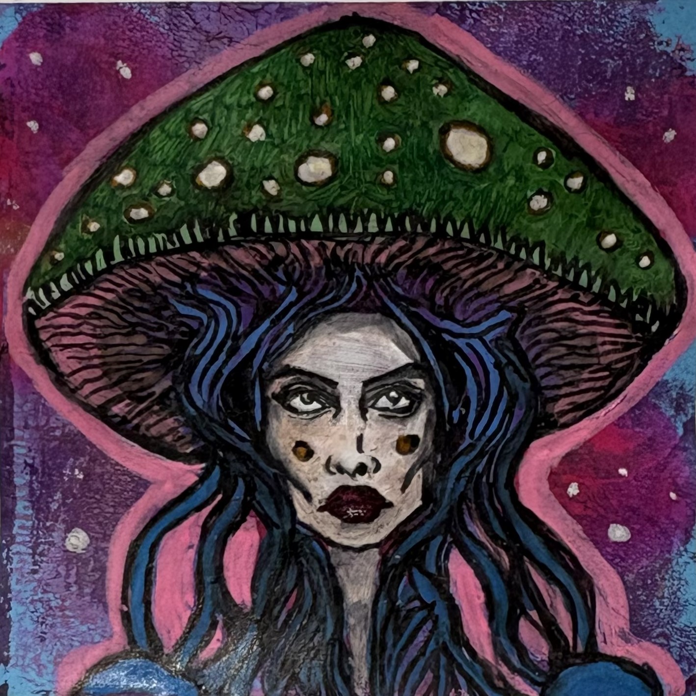 Psychedelic Mushroom. An illustration of a blue-haired lady with a green mushroom on her head on a post-it note.
