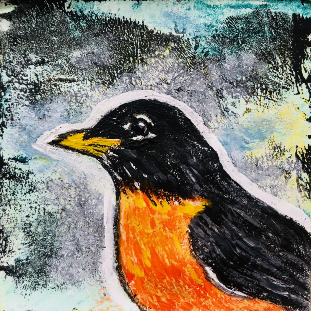 Robby. An illustration of an American Robin against a grungey background on a post-it note.
