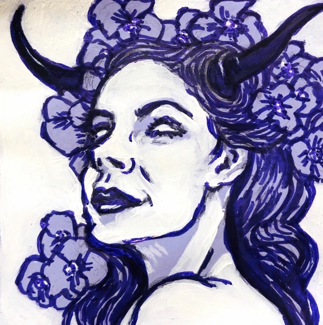 Taurus Season. An illustration of an other-worldly woman with horns and violets in her purple hair on a post-it note.