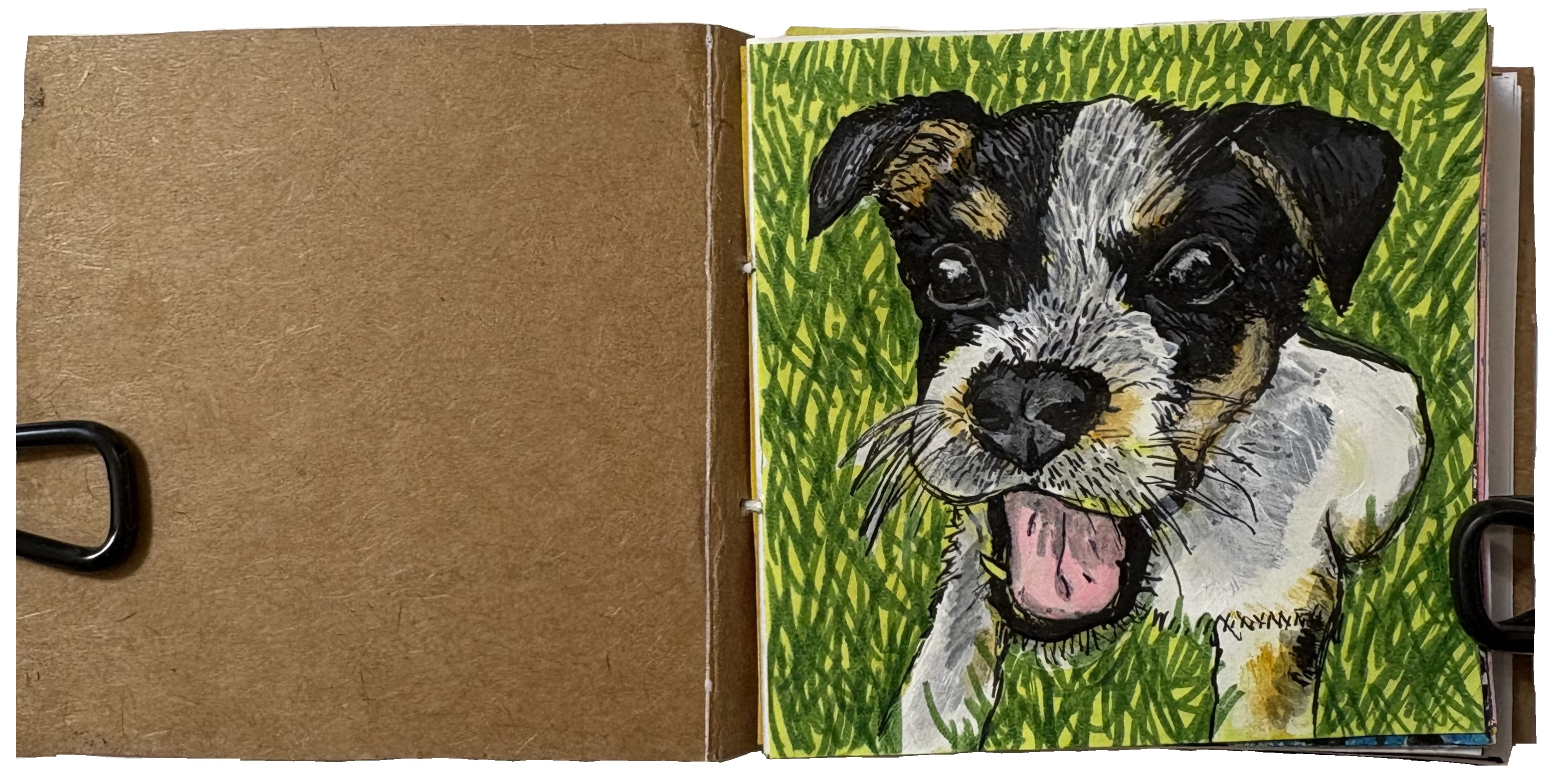 A mixed media illustration of a cute dog in the grass from Reddit Gets Drawn.