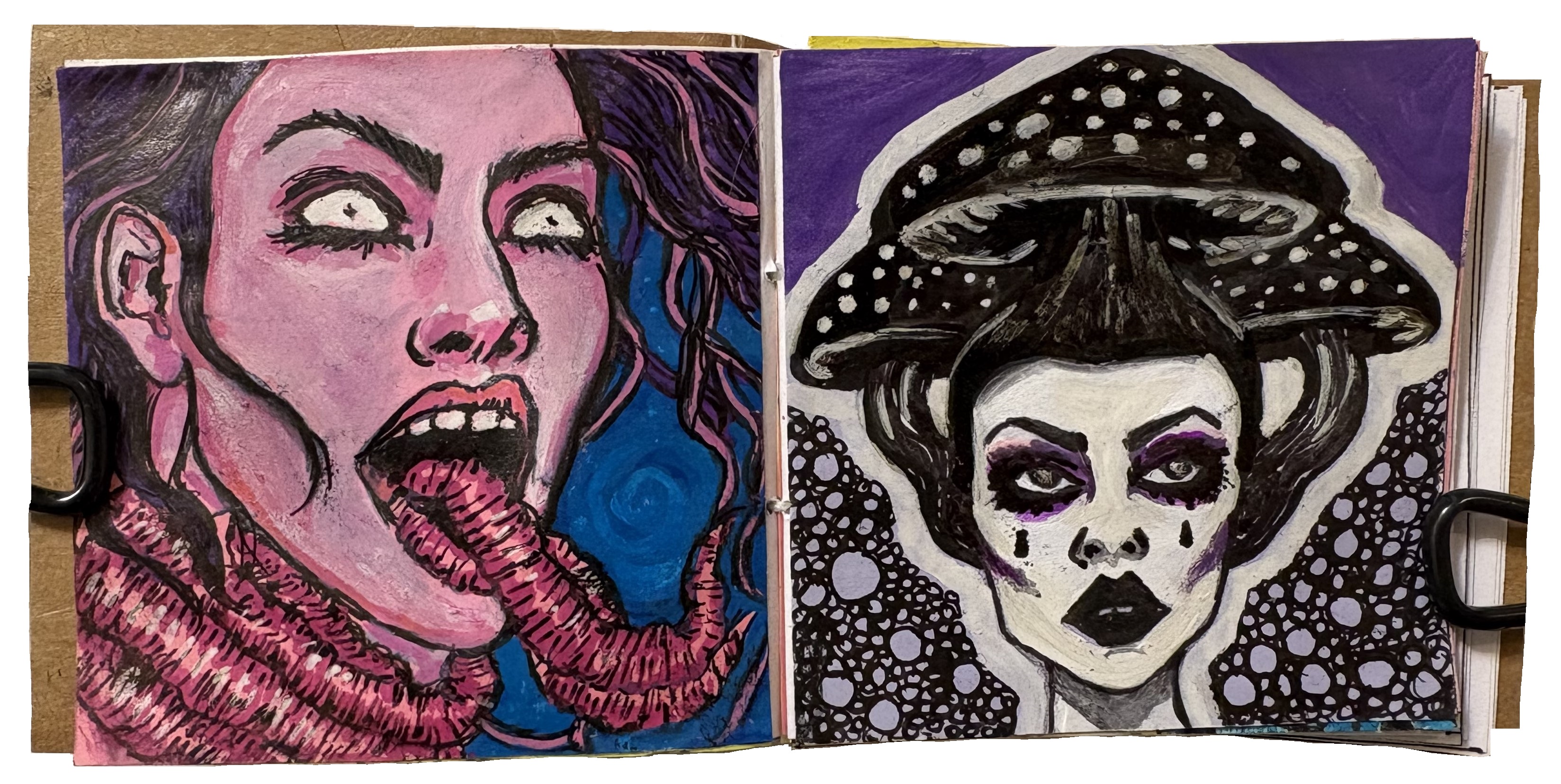 A mixed media illustration of a woman with worms coming out of her mouth and wrapped around her neck based on a dream and a mixed media illustration of a goth woman with black mushrooms in her hair.