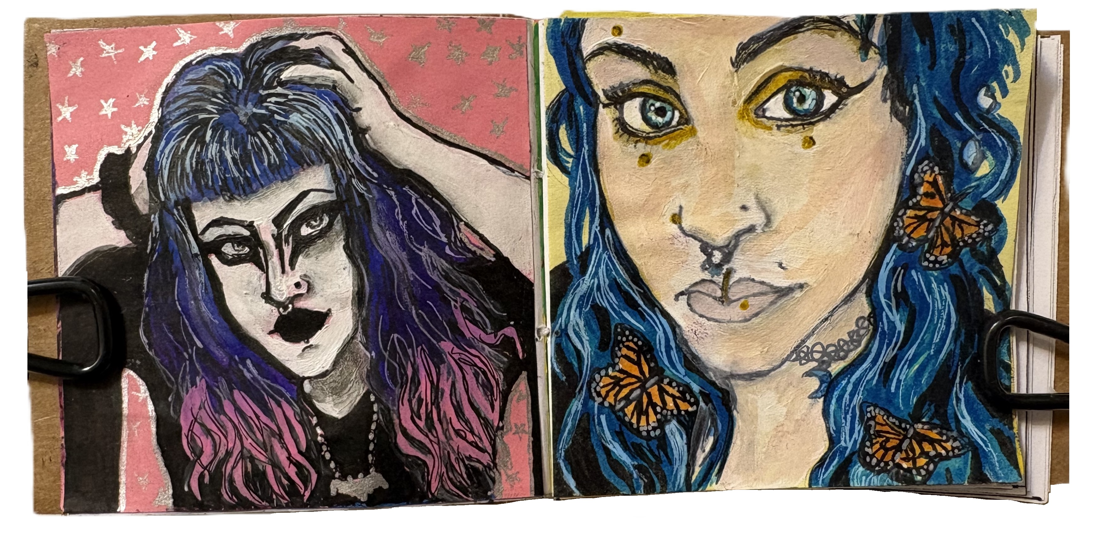 A mixed media illustration of a goth woman holding her head of colorful hair and a mixed media illustration of a blue haired pierced woman with monarch butterflies in her hair, both references were from Reddit Gets Drawn.