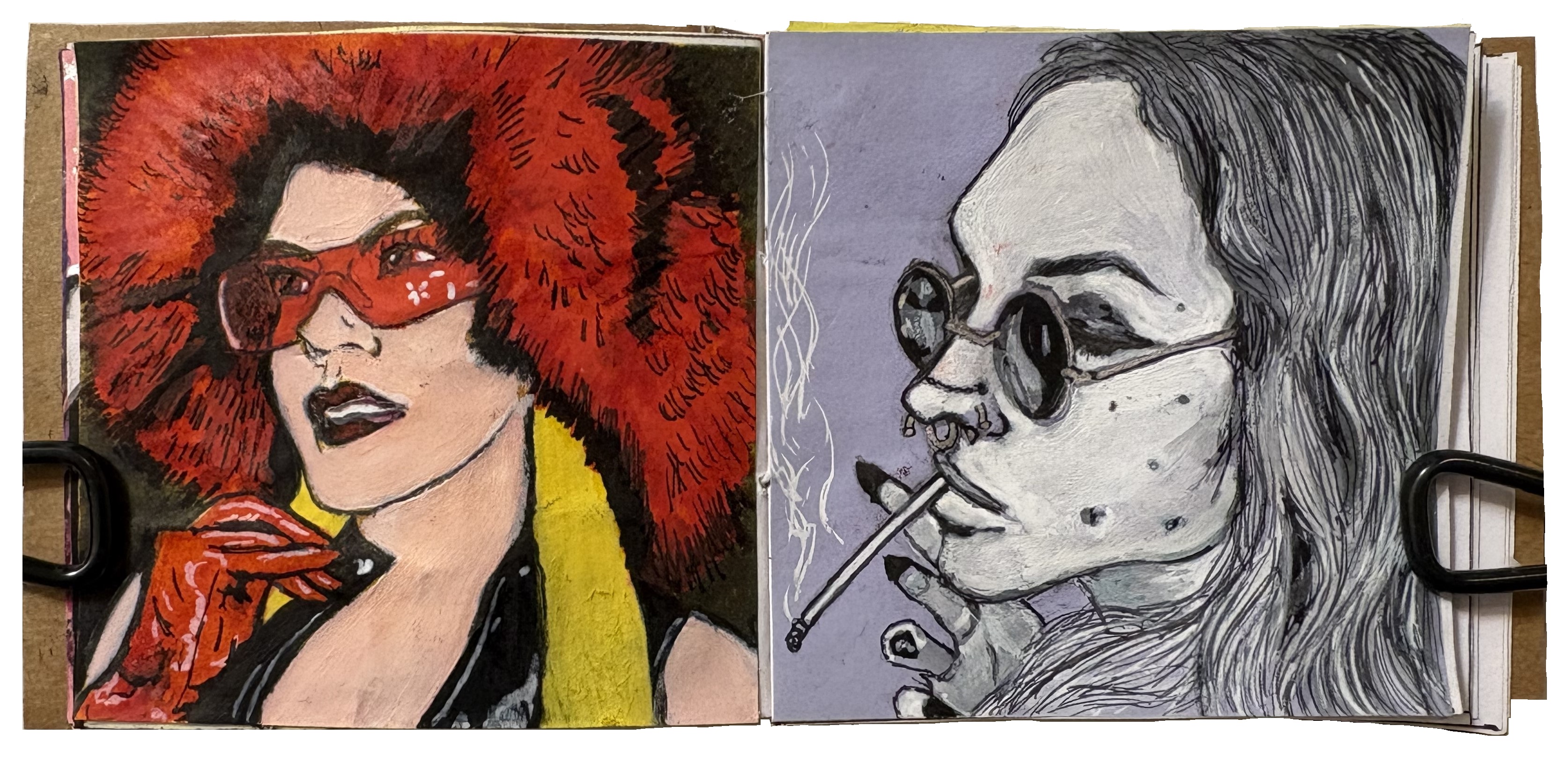 A mixed media illustration of AEW wrestler Taya Valkyrie wearing a red fluffy hat and sunglasses and a mixed media illustration of a pierced woman smoking a cigarette from Reddit Gets Drawn.