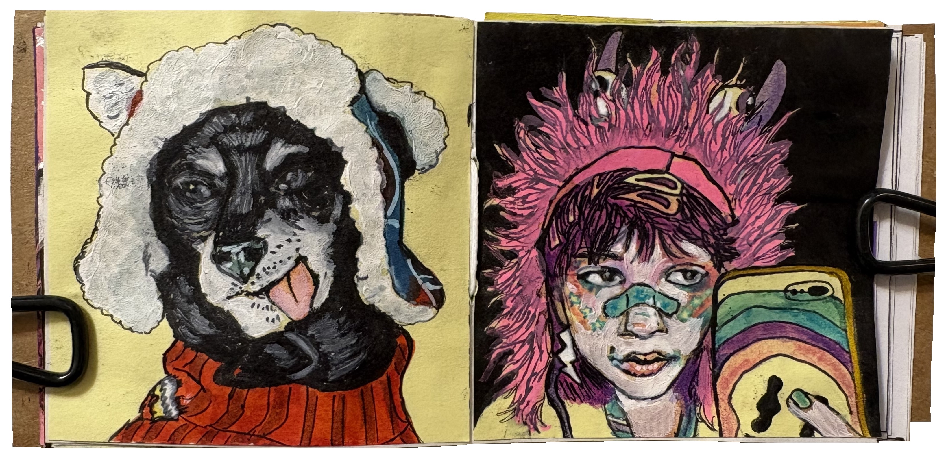 A mixed media illustration of dog in a hat with his tongue sticking out and a mixed media illustration of a person in a fuzzy monster hat with colorful accessories taking a phone selfie, both references from Reddit Gets Drawn.