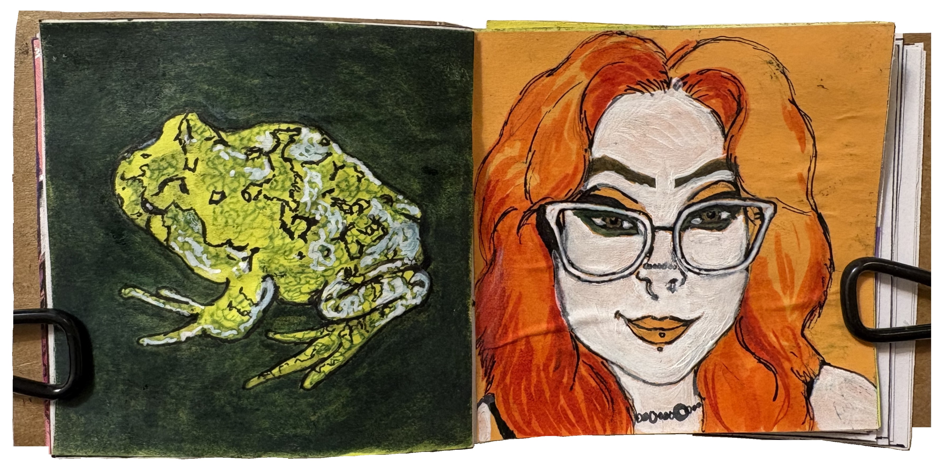 A mixed media illustration of a frog and a mixed media illustration of a woman with piercings and glasses, references from Reddit Gets Drawn.