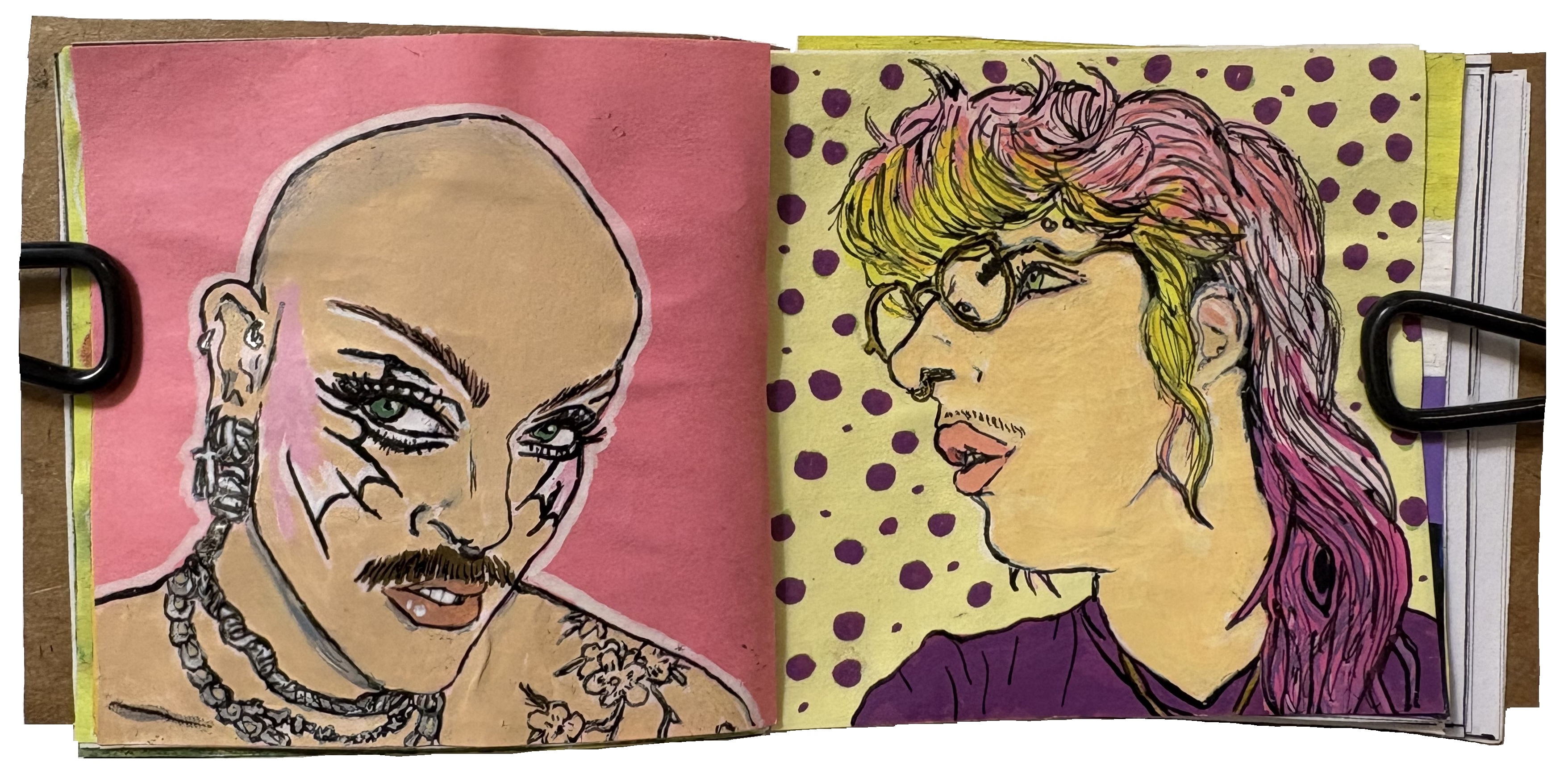 A mixed media illustration of a bald person in drag with glamorous makeup and a mustache, adorned with ear piercings and tattoos, and a mixed media illustration of a person's profile with long brightly colored yellow and pink hair, wearing gold glasses, a slight mustache, a purple shirt and a septum piercing. References from Reddit Gets Drawn and Sktchy.