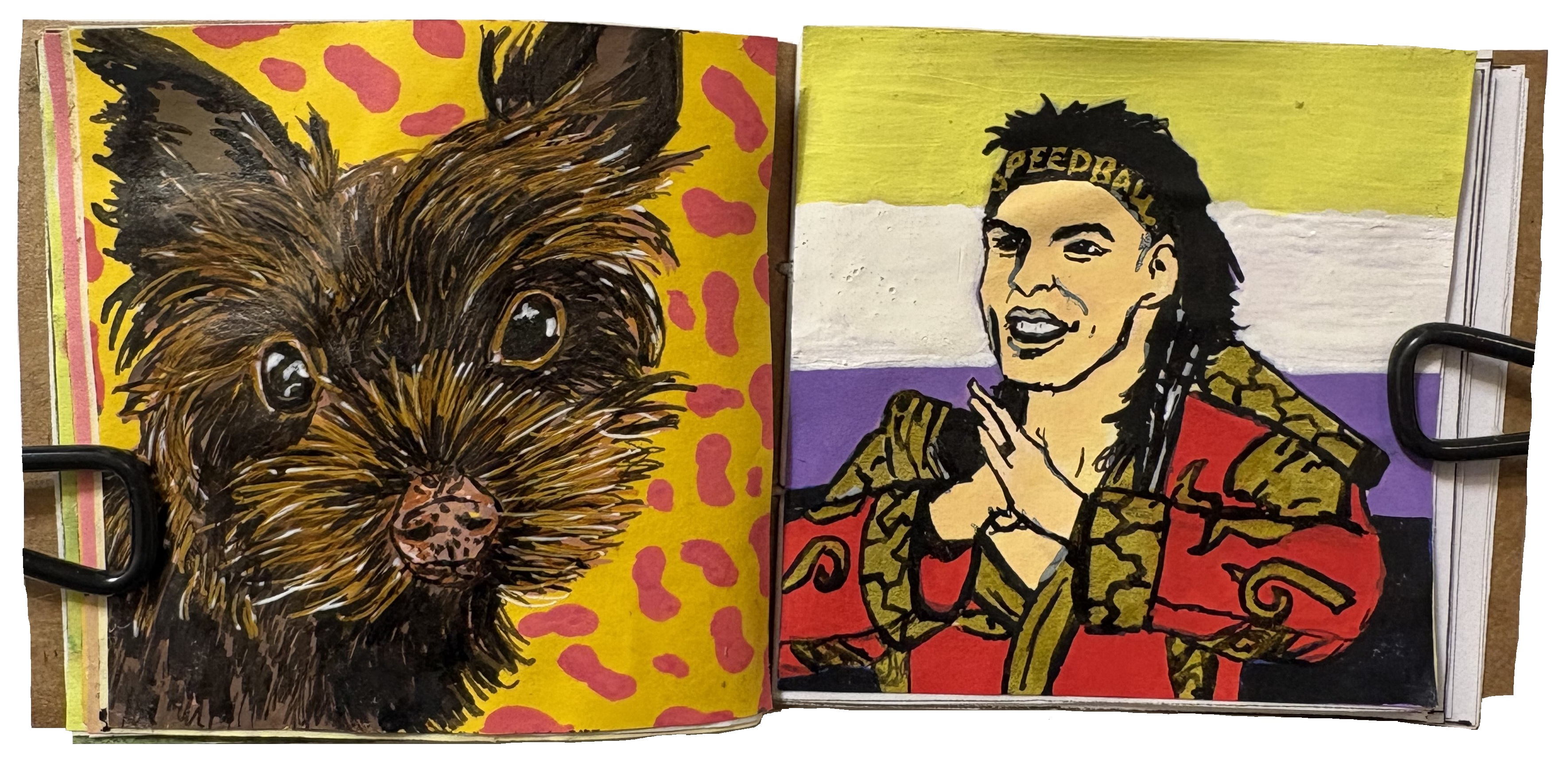 A mixed media illustration of a cute shaggy brown dog looking forward with pink blobby doodles surrounding them and a mixed media illustration of AEW wrestler Speedball Mike Bailey with the nonbinary flag as the background.