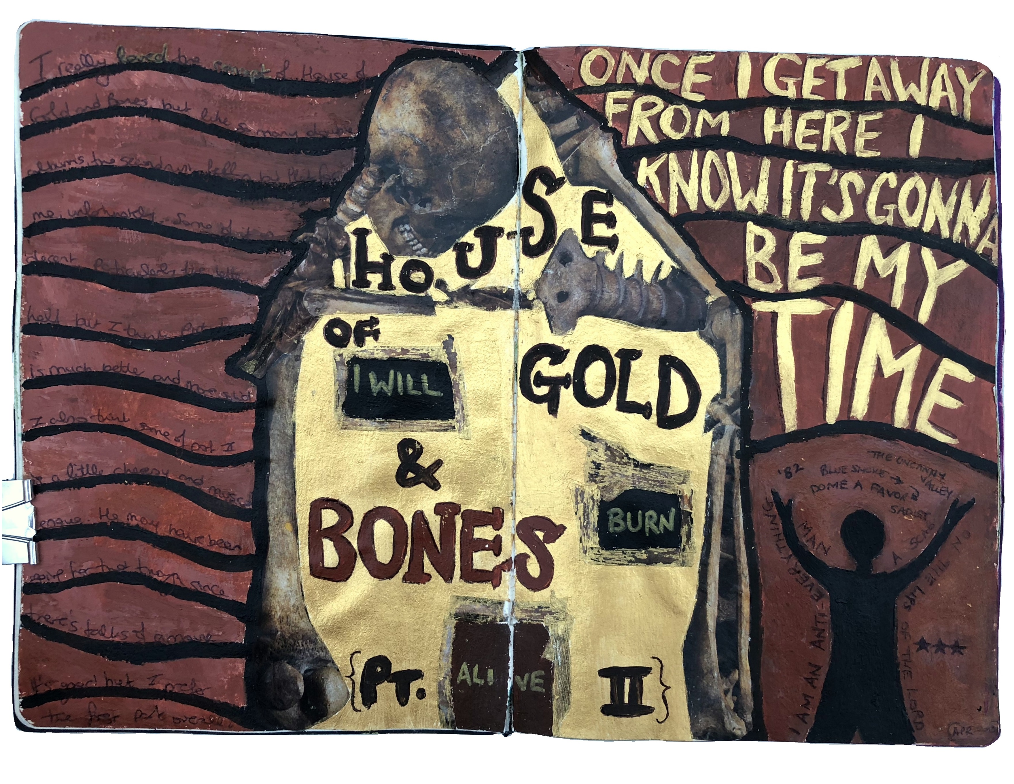 A mixed media art journal collage of a house of gold and bones with lyrics from the album of the same name by Stone Sour.