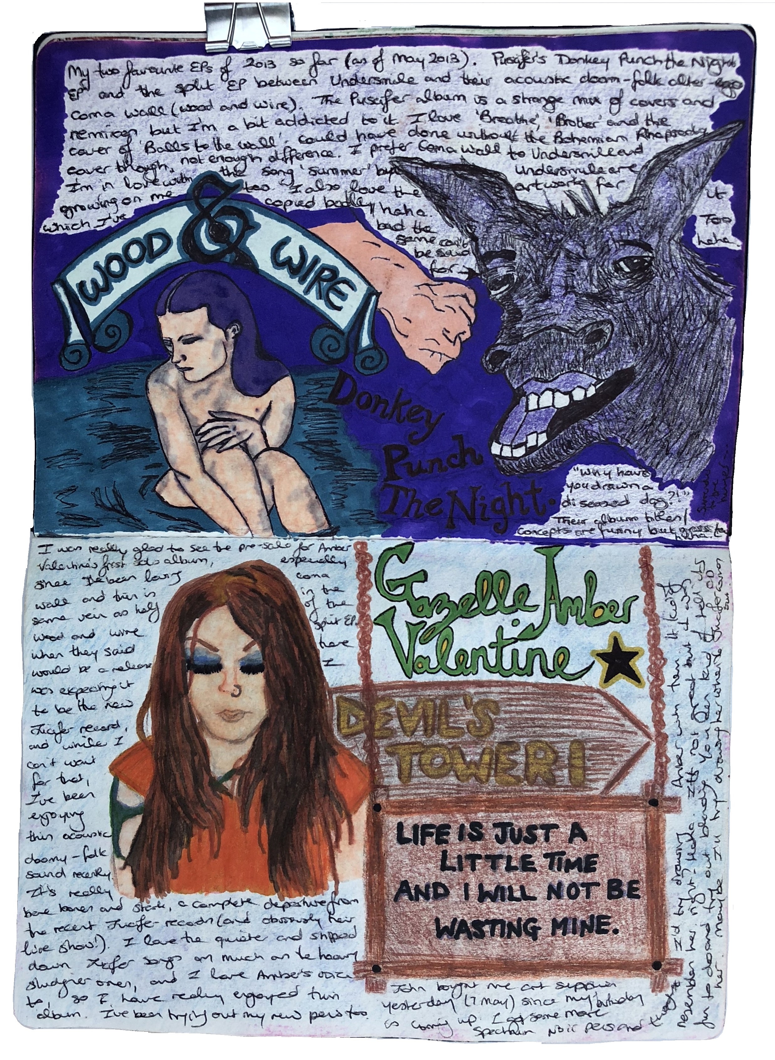 A mixed media art journal illustration of EP covers by Coma Wall and Puscifer and a portrait of Gazelle Amber Valentine for her solo album.