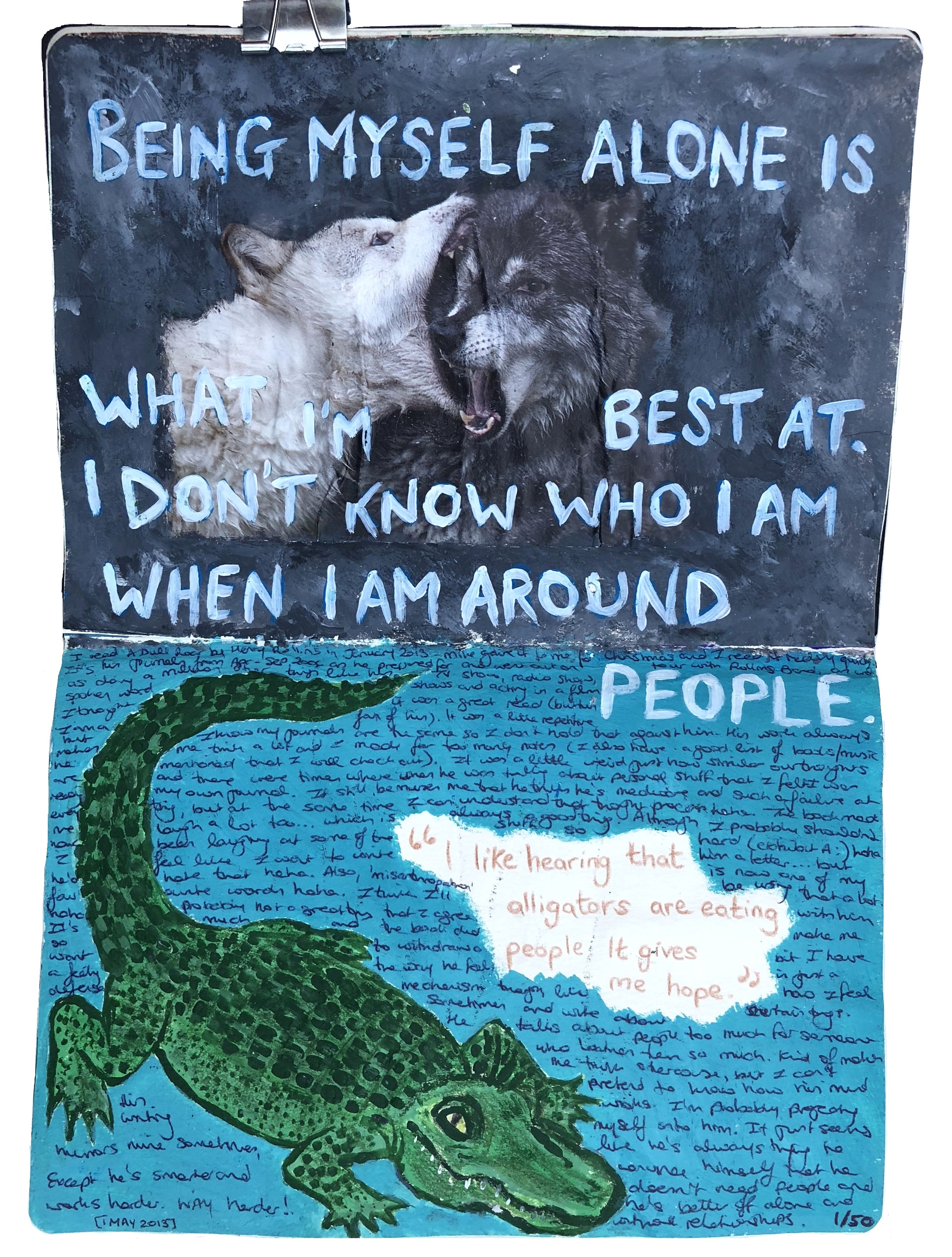 A mixed media art journal collage of wolves fighting and an illustration of an alligator with a review of and quotes from the book A Dull Roar by Henry Rollins.