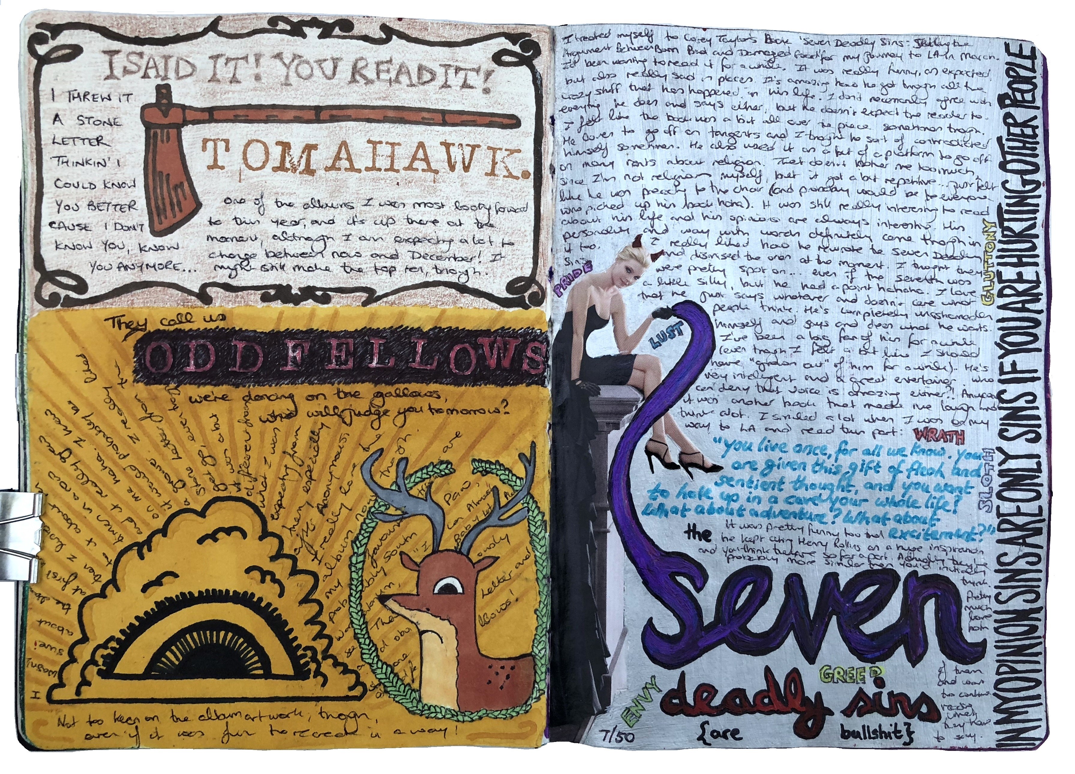 A mixed media art journal illustration of album art and lyrics by Tomahawk and a collage about the book Seven Deadly Sins by Corey Taylor.