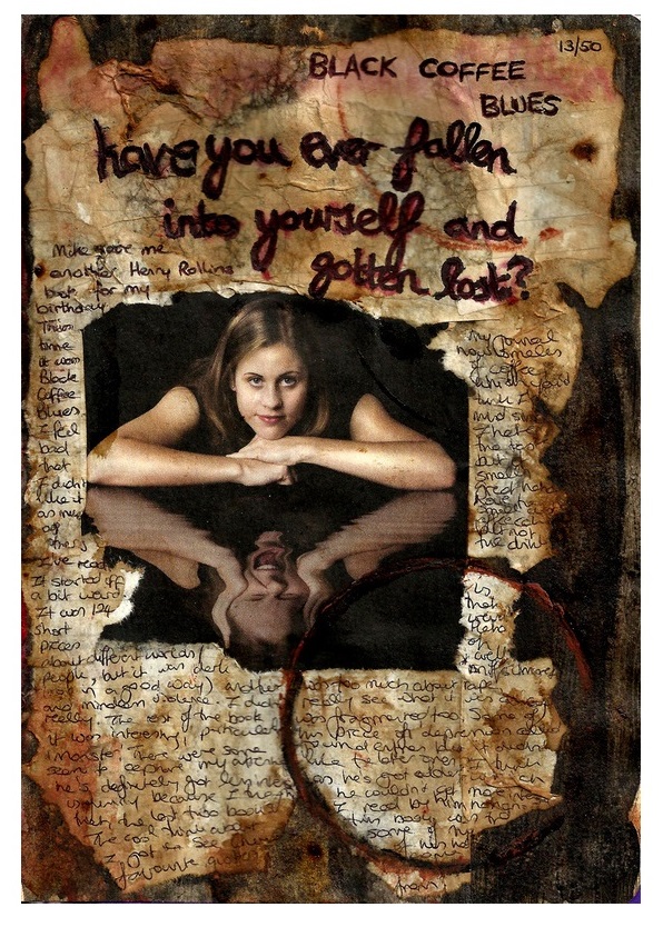 A mixed media art journal collage of a woman with her reflection screaming with reviews and quotes from the book Black Coffee Blues by Henry Rollins (the page still smells like the coffee I rubbed on it!).