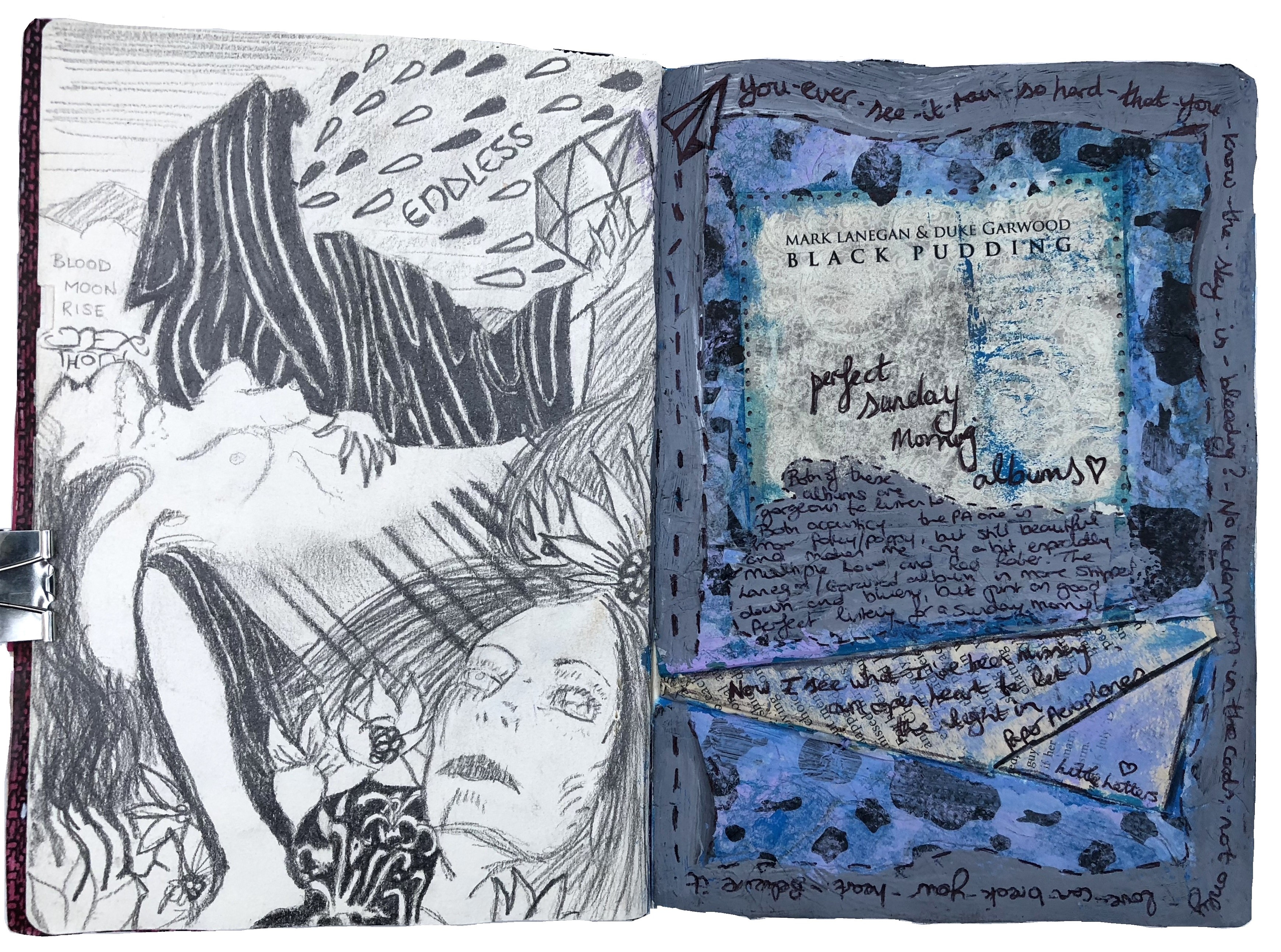 A mixed media art journal illustration of an album cover mashup with images from album art by Jex Thoth and Mount Salem and a collage album cover mashup with images from album art by Mark Lanegan and Paper Aeroplanes.