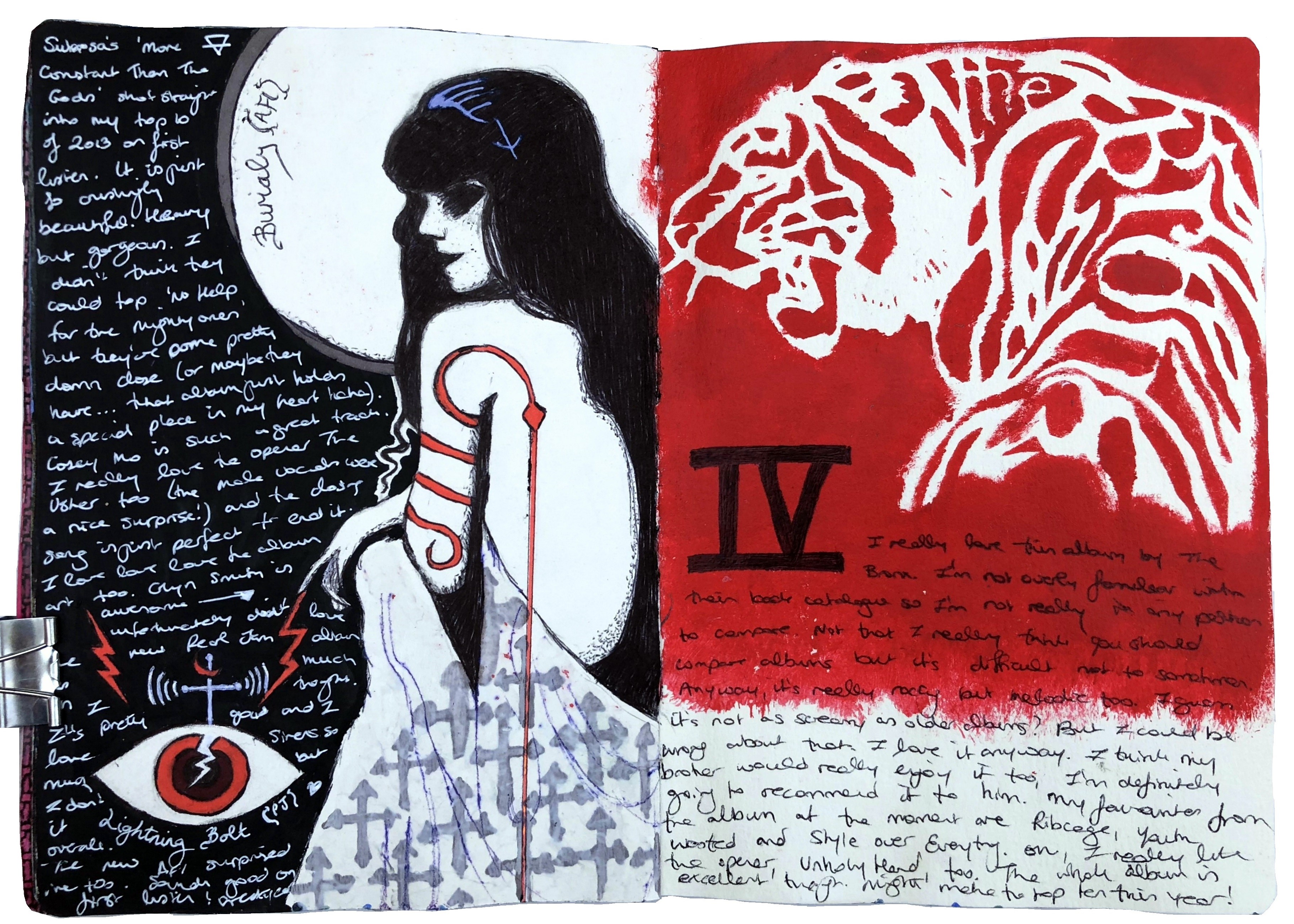 A mixed media art journal illustration of album art from More Constant Than the Gods by doom metal band SubRosa (original art by Glyn Smith) with a doodle from Pearl Jam’s album Lightning Bolt and a stencil painting of the album art from The Bronx’s fourth album.