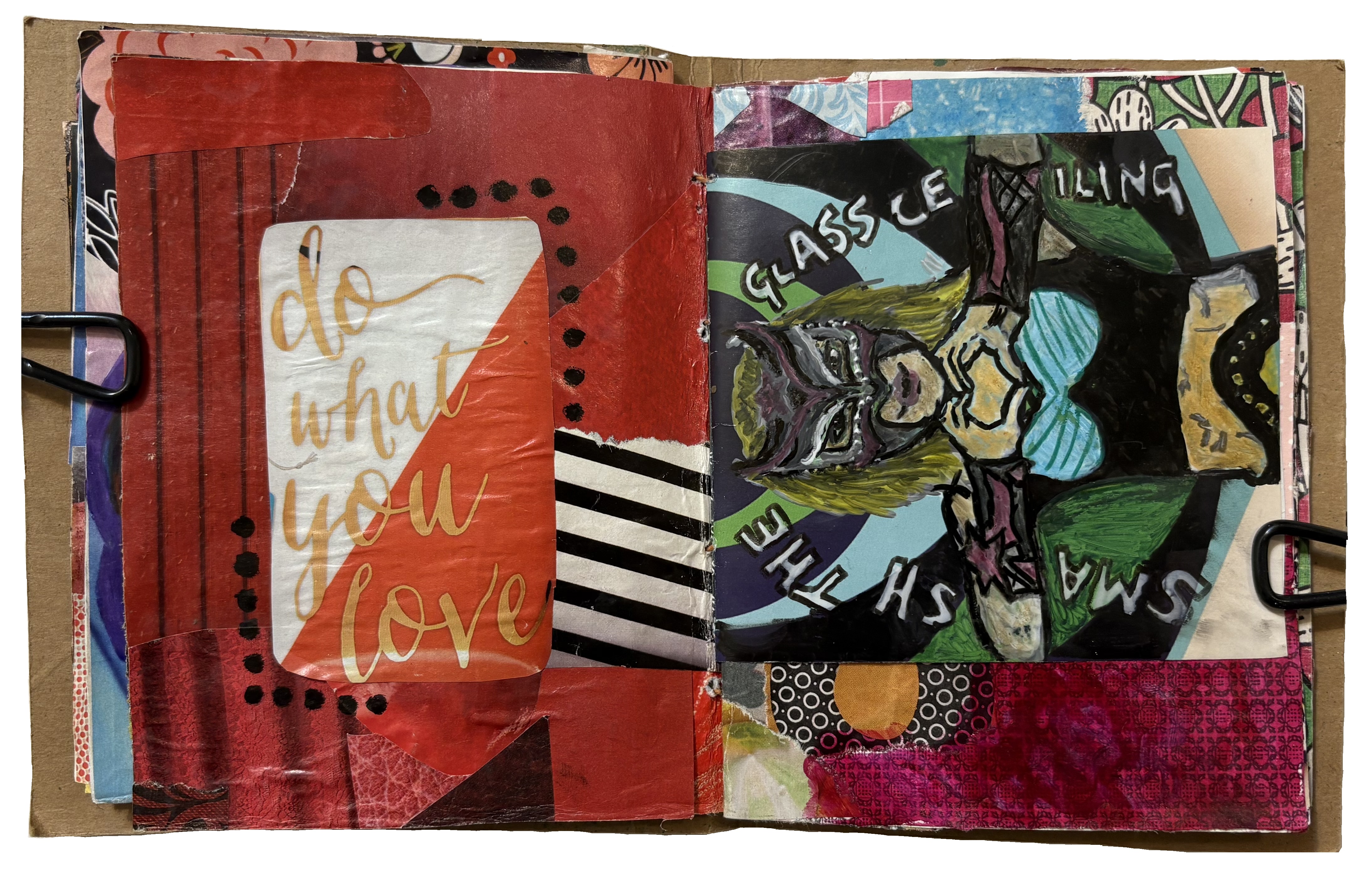 Art Every Day Month Day 21. A mixed media art journal page about doing what you love and an illustration of the wrestler Sexy Star (before her controversies) with the words smash the glass ceiling around her.