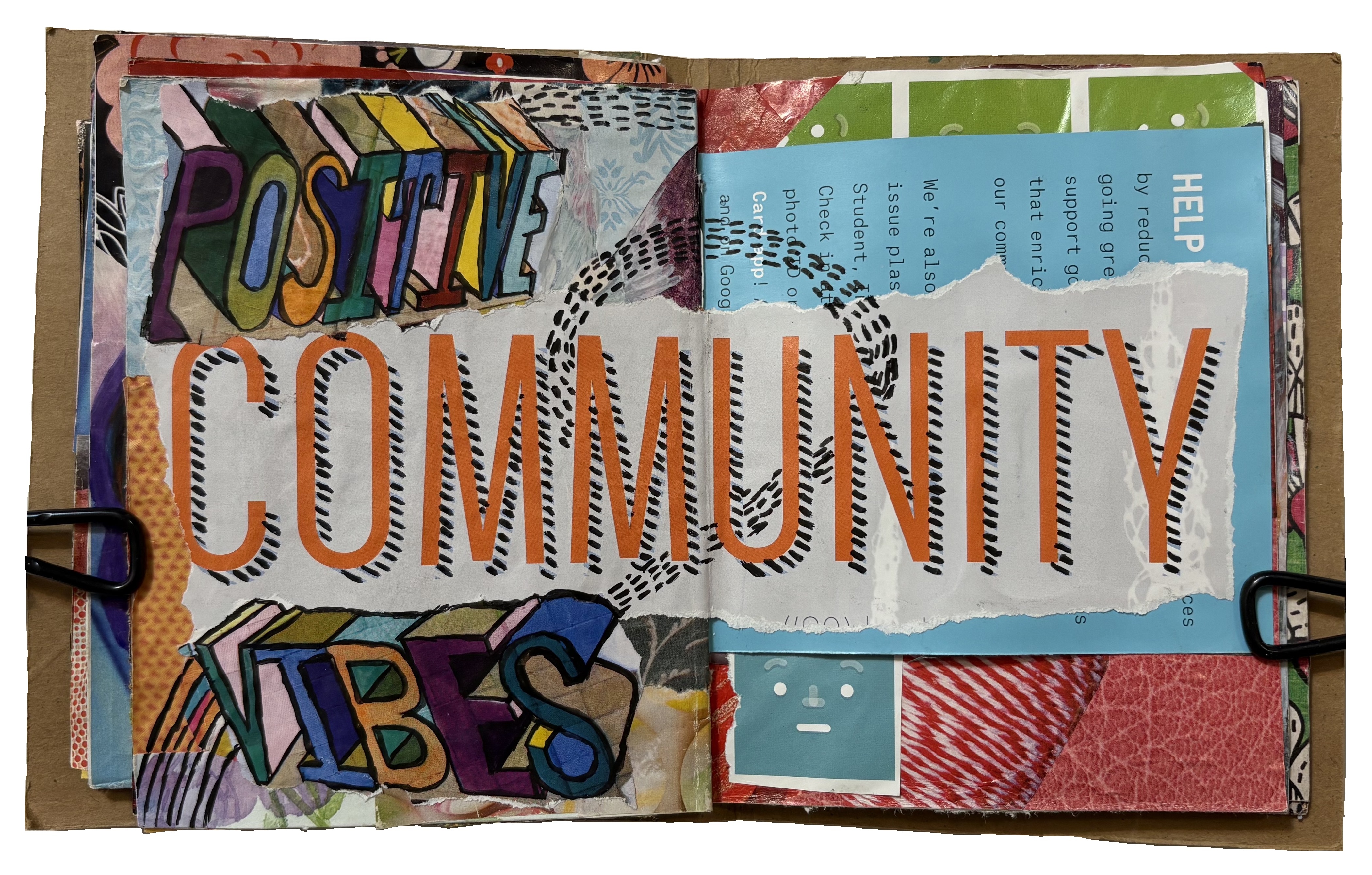 A mixed media art journal collage about community and positivity.