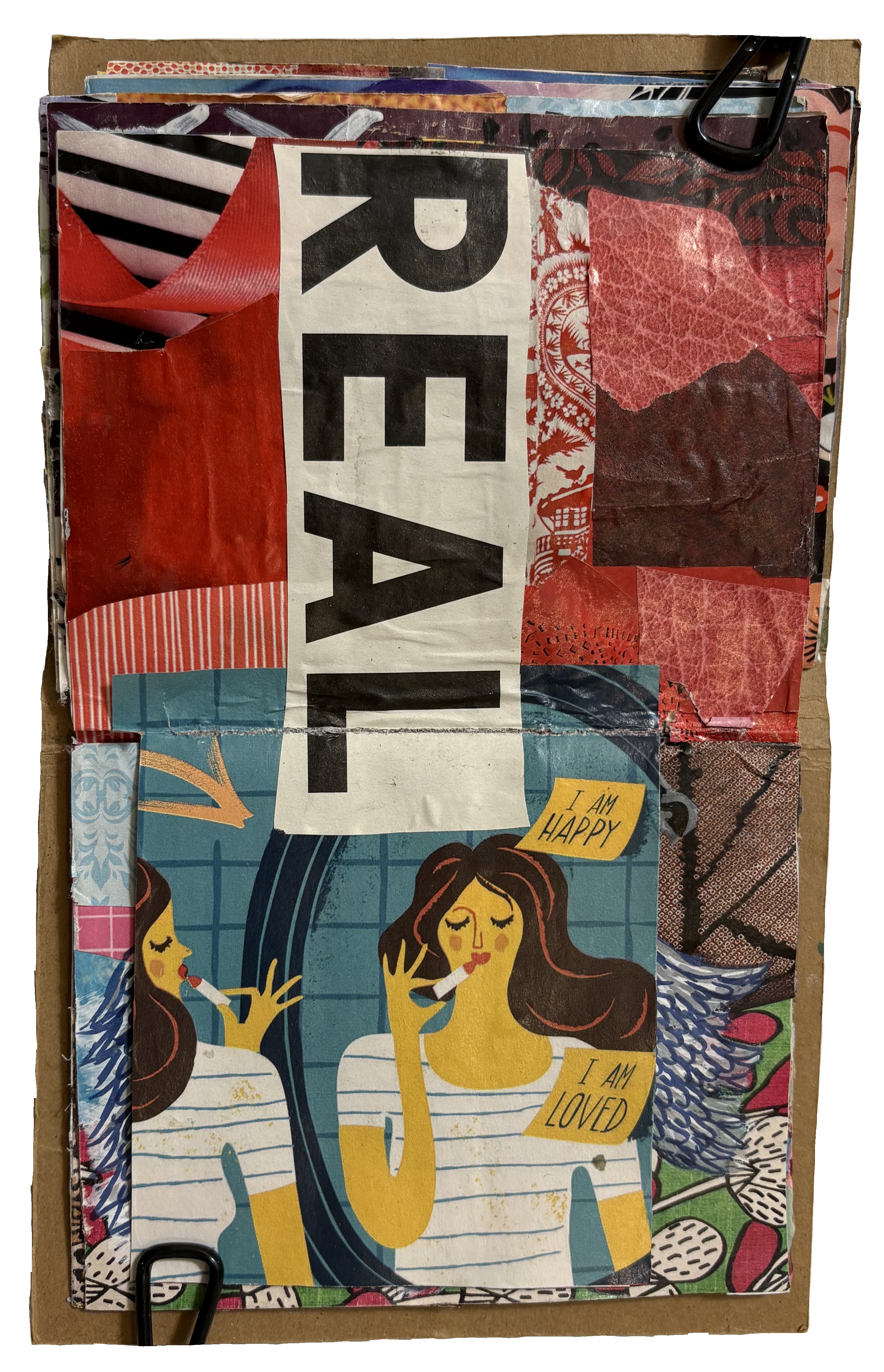 A mixed media art journal collage about body image and being real online.