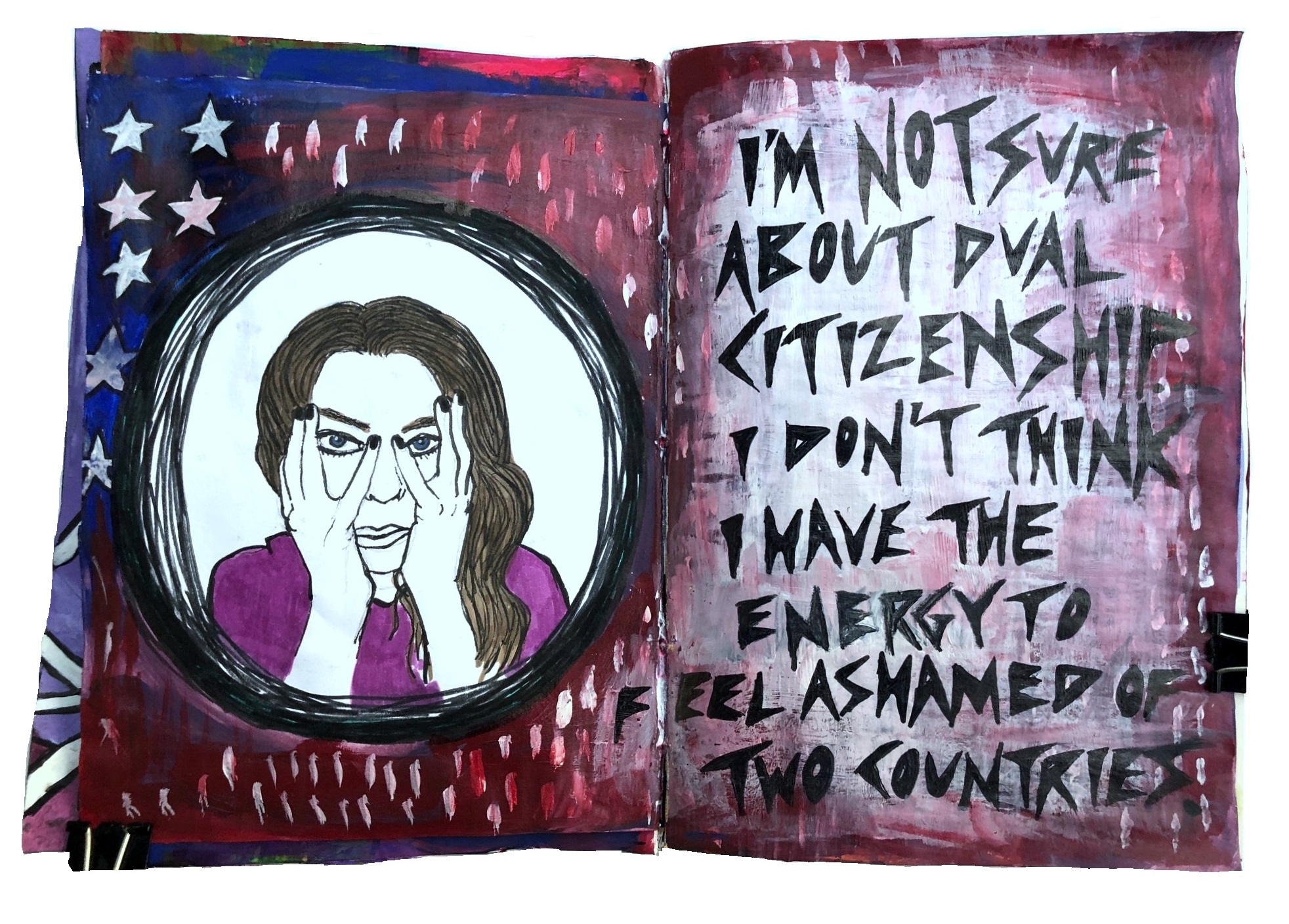 Day 269/365 of Year of Creative Habits. A mixed media art journal illustration of myself looking through my fingers with the words I'm not sure about dual citizenship, I don’t think I have the energy to feel ashamed of two countries (turns out you don’t need dual citizenship to feel it).