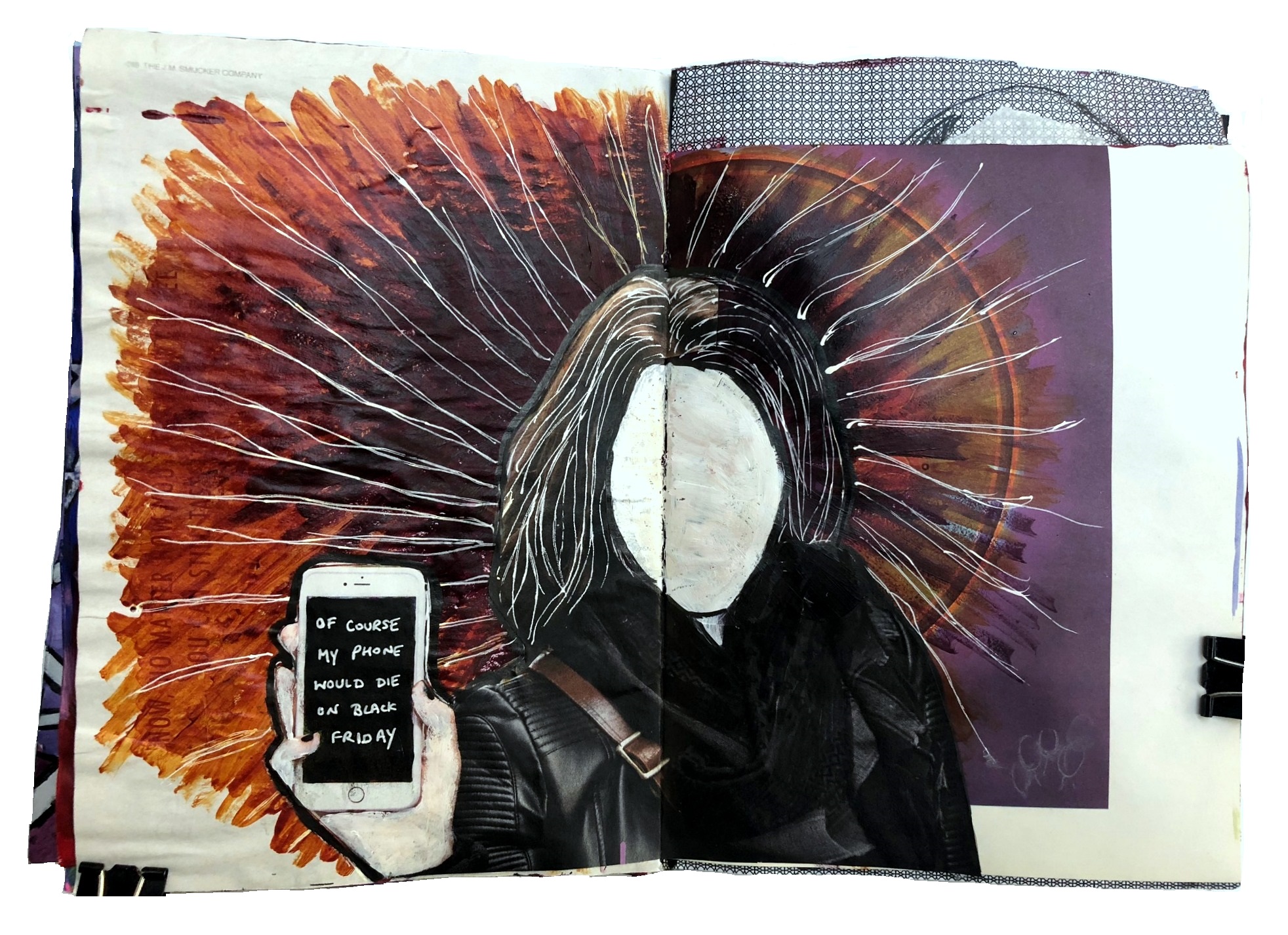 Day 328/365 of Year of Creative Habits. A mixed media art journal collage about my phone breaking on Black Friday with a faceless woman holding a phone.