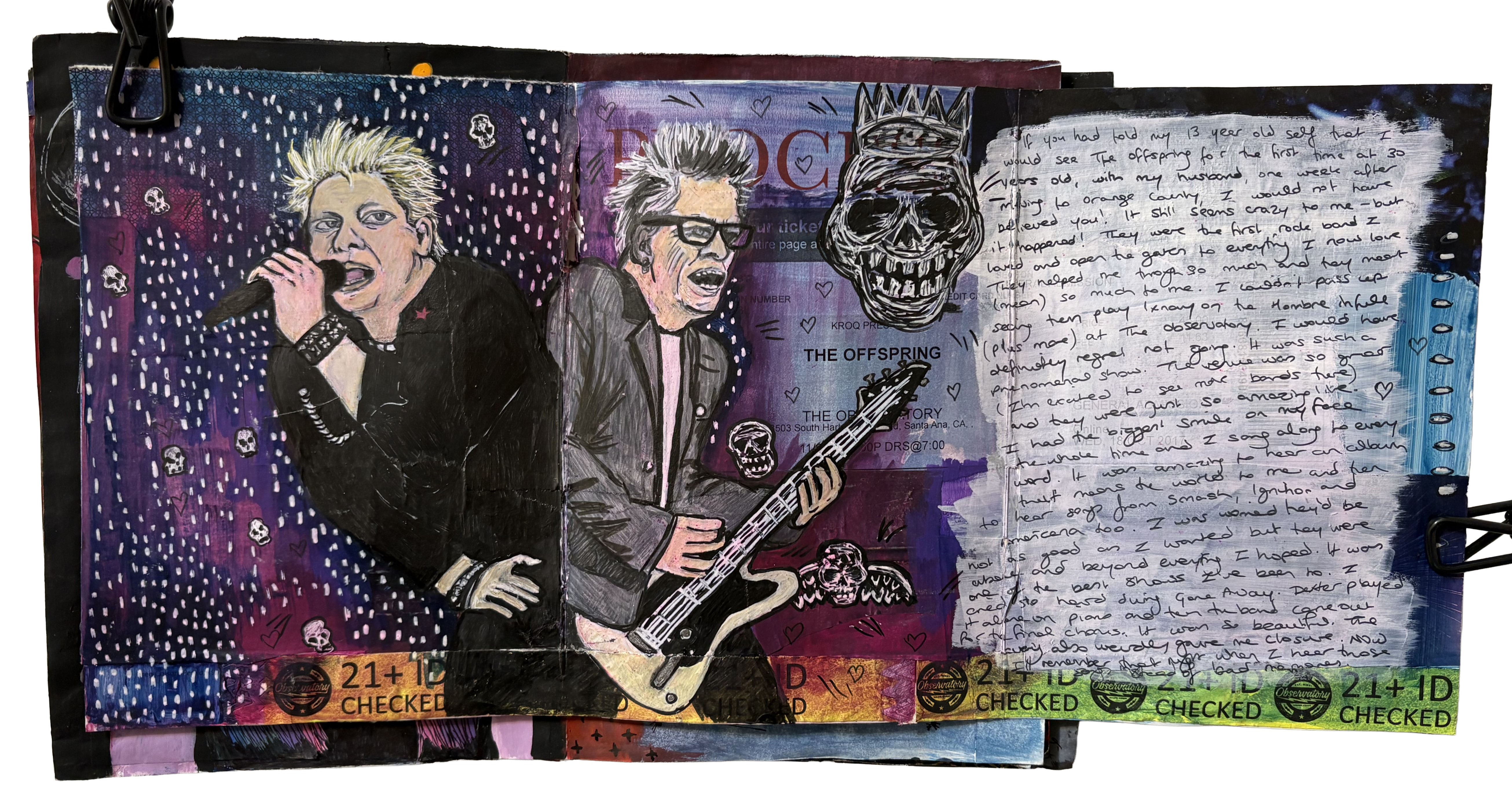 Day 315/365 of Year of Creative Habits. A mixed media art journal illustration of Dexter Holland and Noodles from the band The Offspring after seeing them live with handwriting about the show, doodles of skulls, and other ephemera.