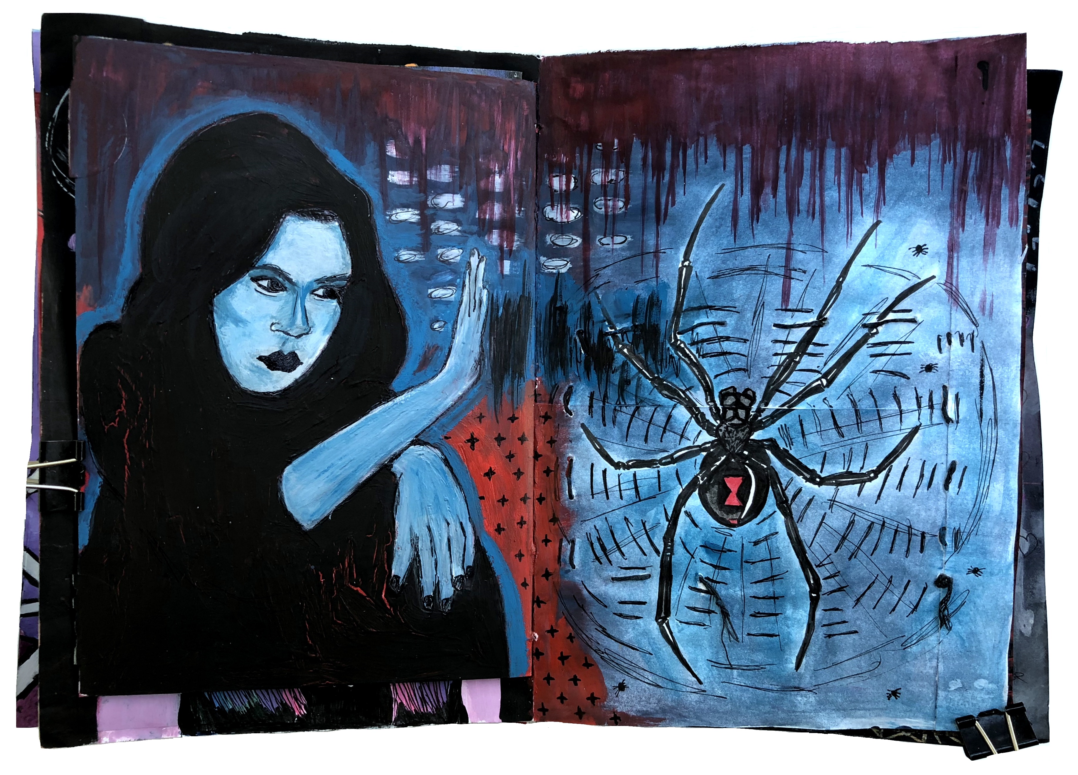 An art journal illustration of a witchy woman casting spells with a black widow spider next to her. The spider was for Day 9 of ByBun’s April Art Challenge and I added the witchy woman later.