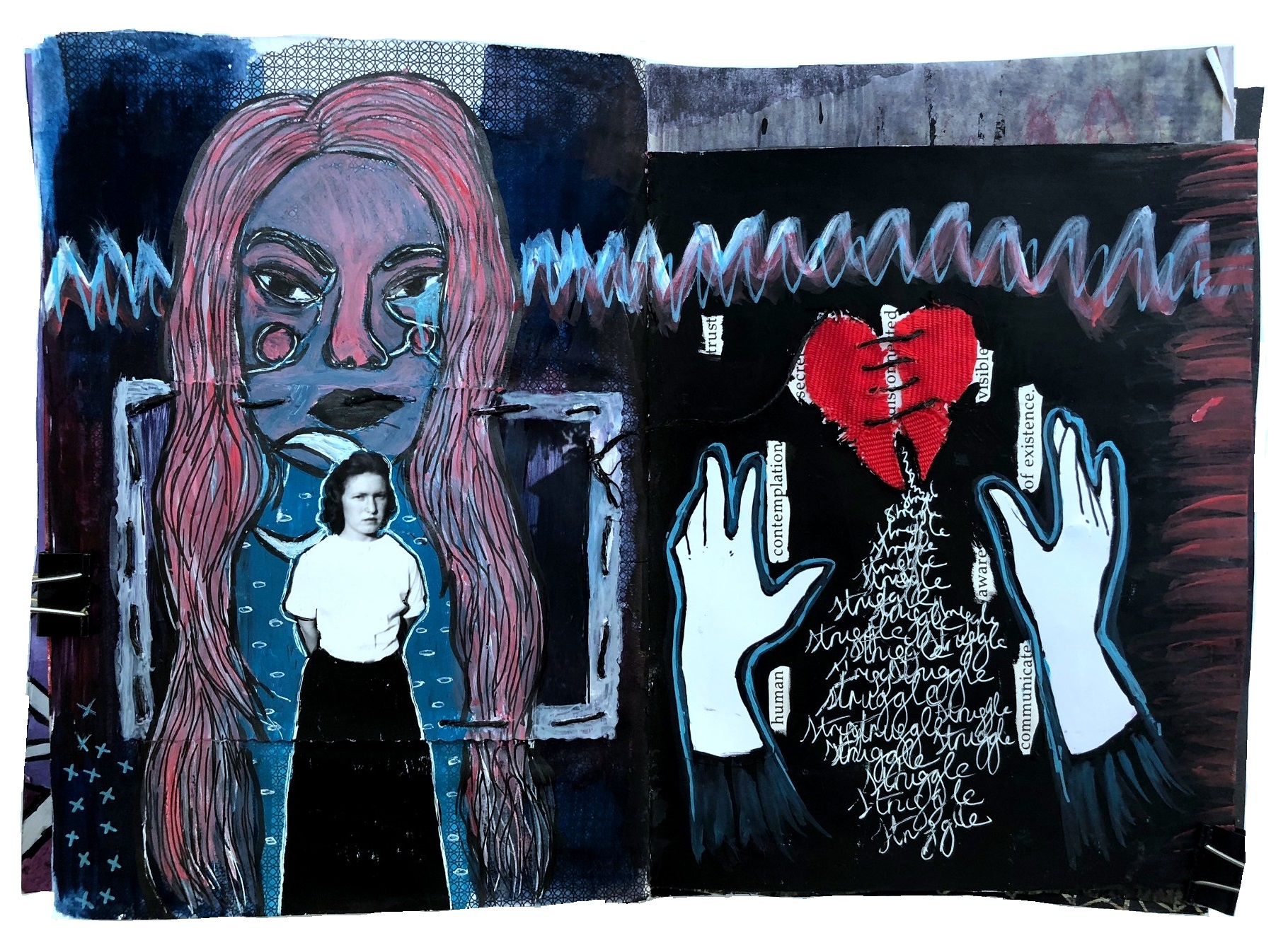 Day 283/365 of Year of Creative Habits. A mixed media art journal collage and illustration depicting struggles with relationships. Hand stickers by Elly Mack.