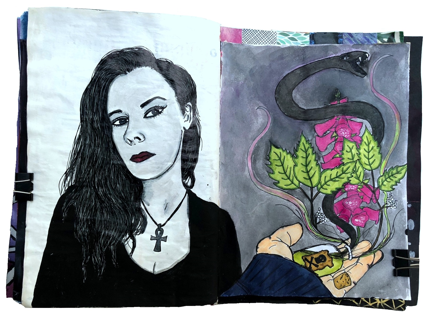 An art journal illustration of a witchy version of myself on the left and a drawing of a poison bottle spilling out poison flowers and a snake for ByBun's April Art Challenge Day 3 (poisonous) and Day 5 (witchy).