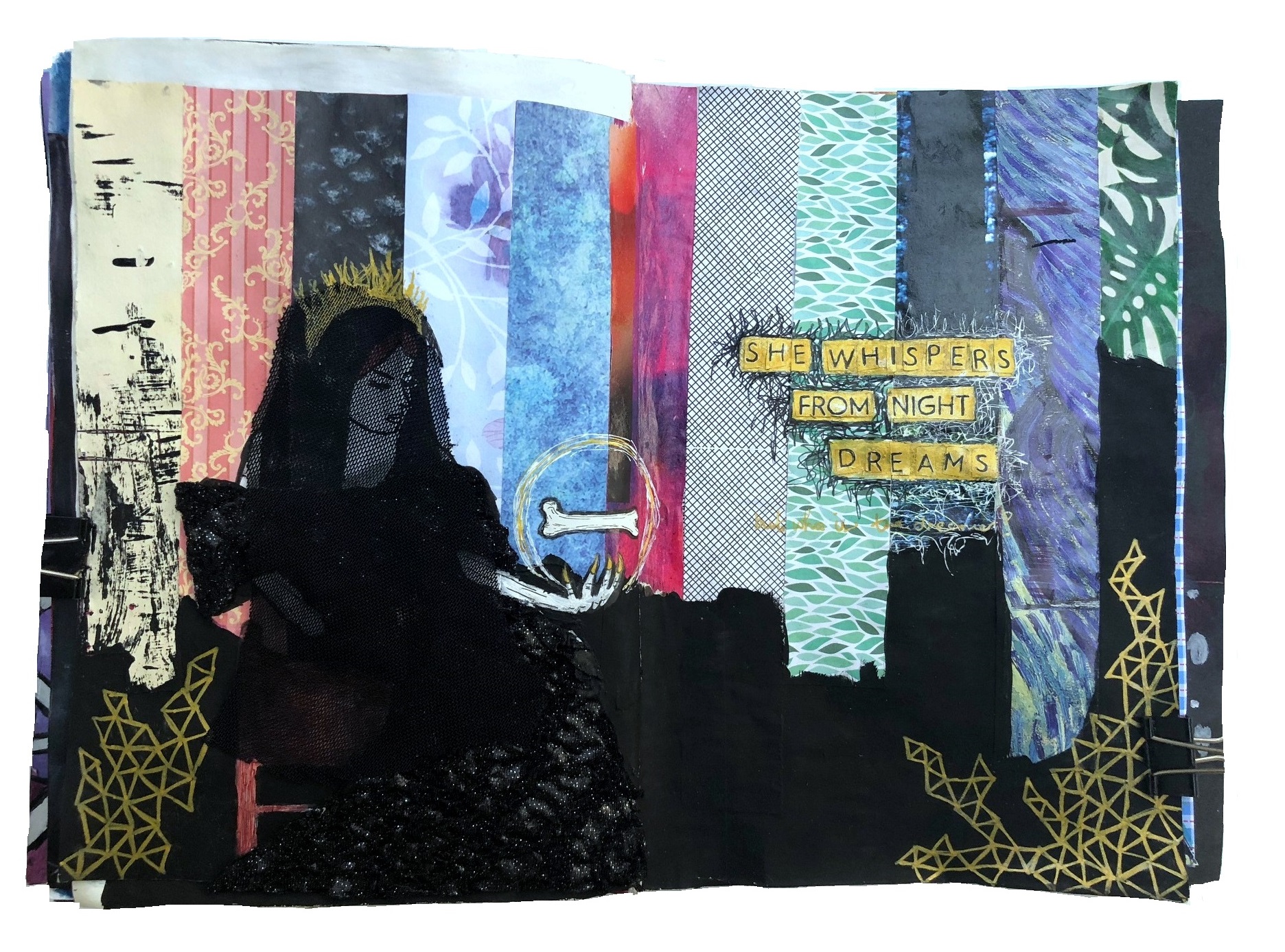 Days 265 and 266/365 of Year of Creative Habits. A mixed media art journal page based on Women Who Run with the Wolves with an illustrated witchy woman using magic to levitate a bone. The words say she whispers from night dreams.