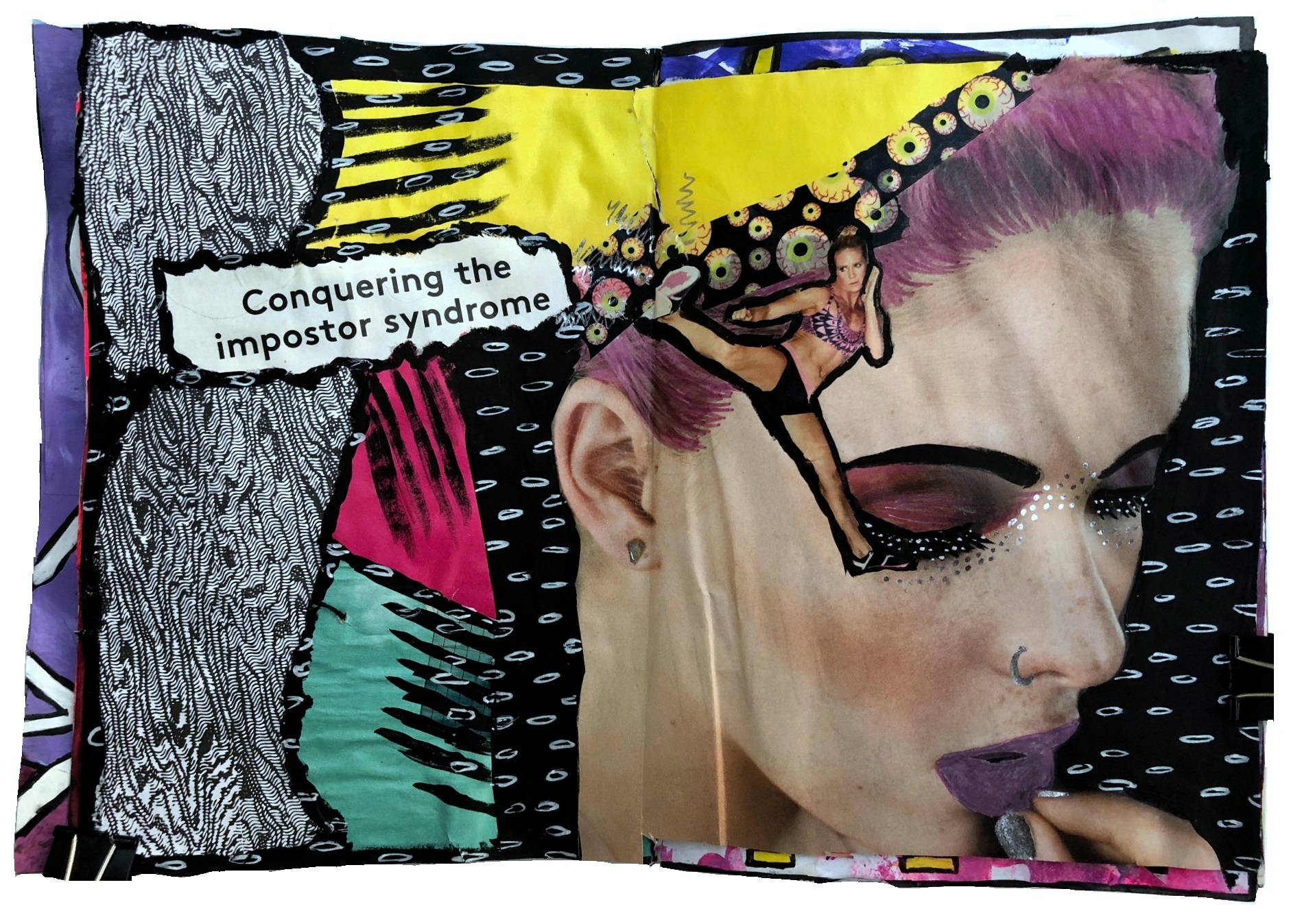 A mixed media art journal collage of women combating impostor syndrome against an abstract background.