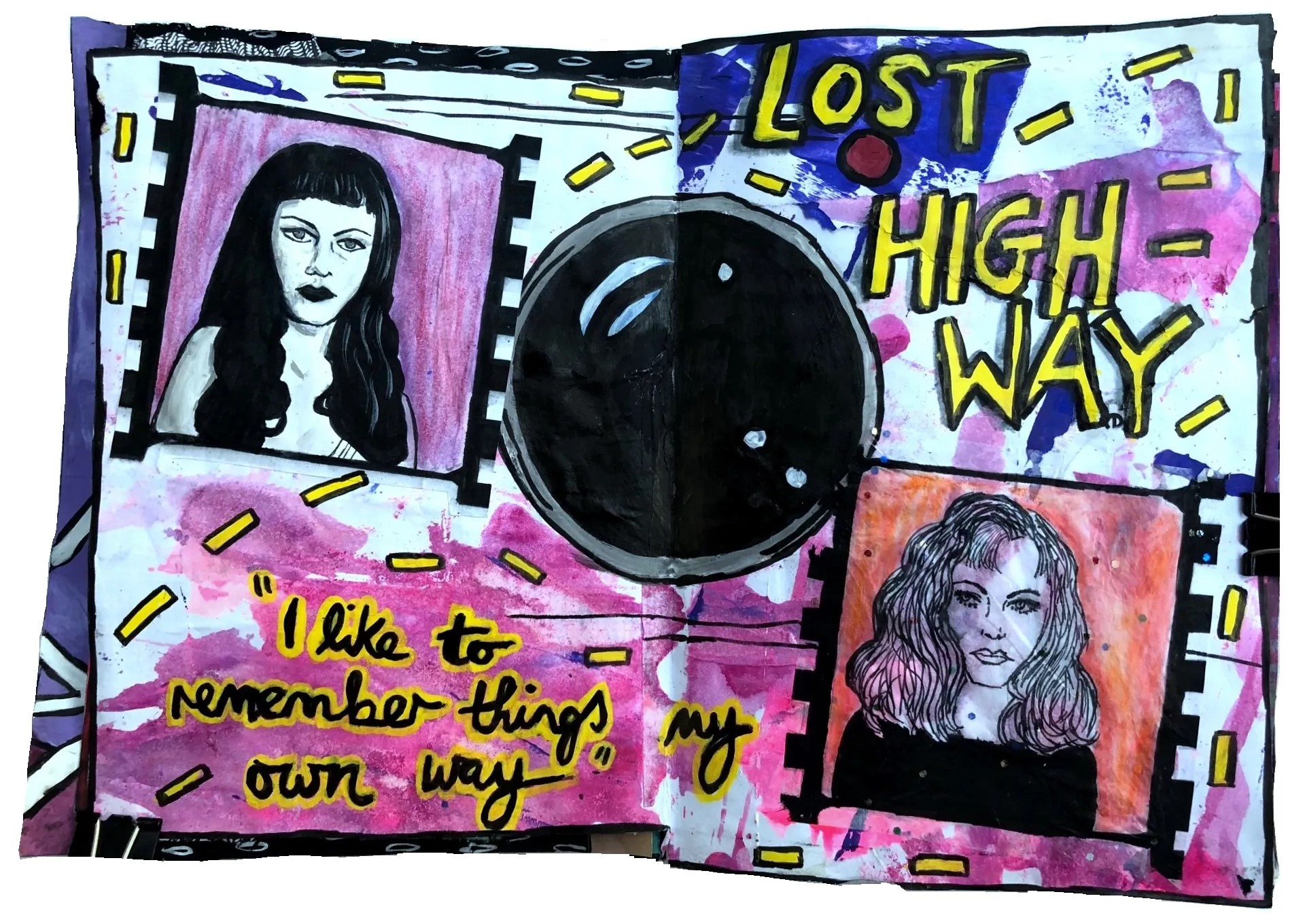 Day 218/365 of Year of Creative Habits. A mixed media art journal page with illustrations inspired by the David Lynch film Lost Highway. I used a By Bun Art Snacks tutorial to create this spread.