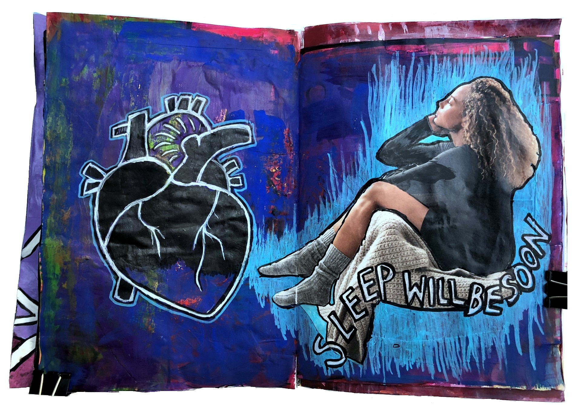 A mixed media art journal collage of a woman looking sleepy next to an illustration of an anatomical heart and the words sleep will be soon.