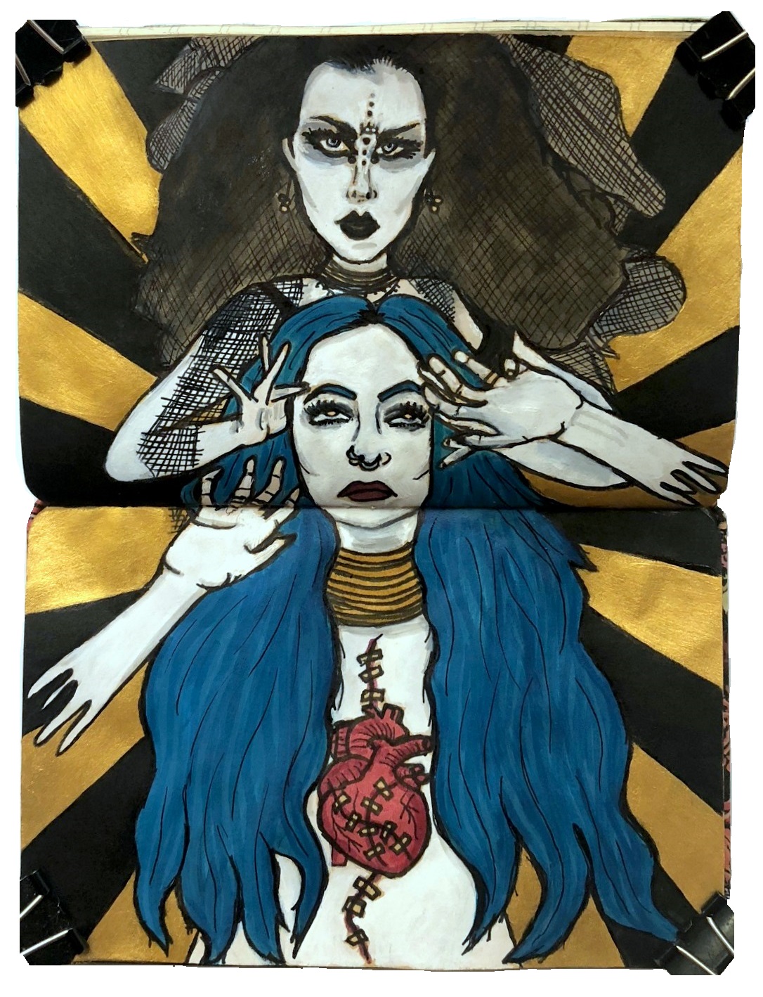 An art journal illustration of a blue haired woman being controlled by a mystical gothic woman.