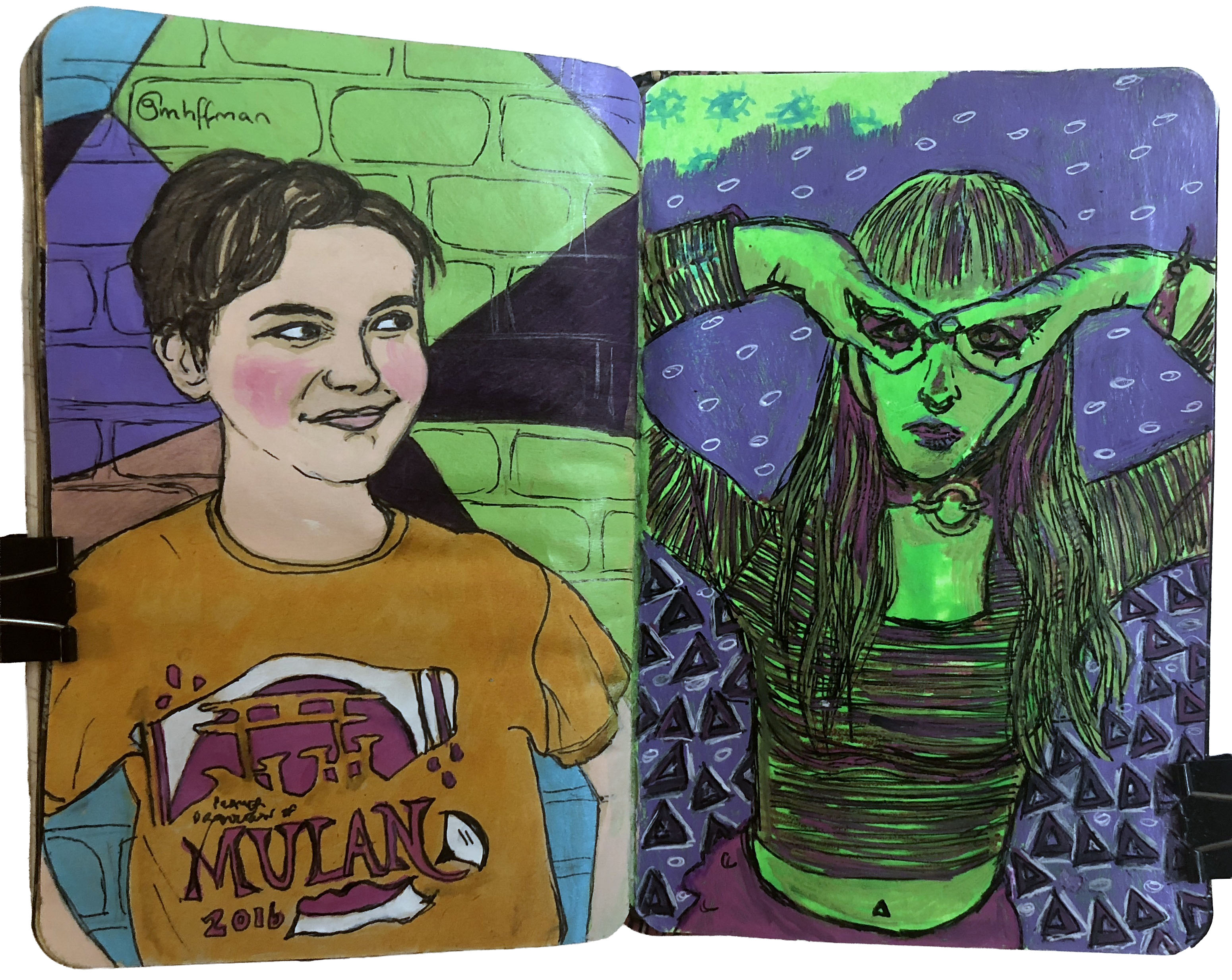 Mixed media art journal illustrations of people from Instagram and the Sktchy app.