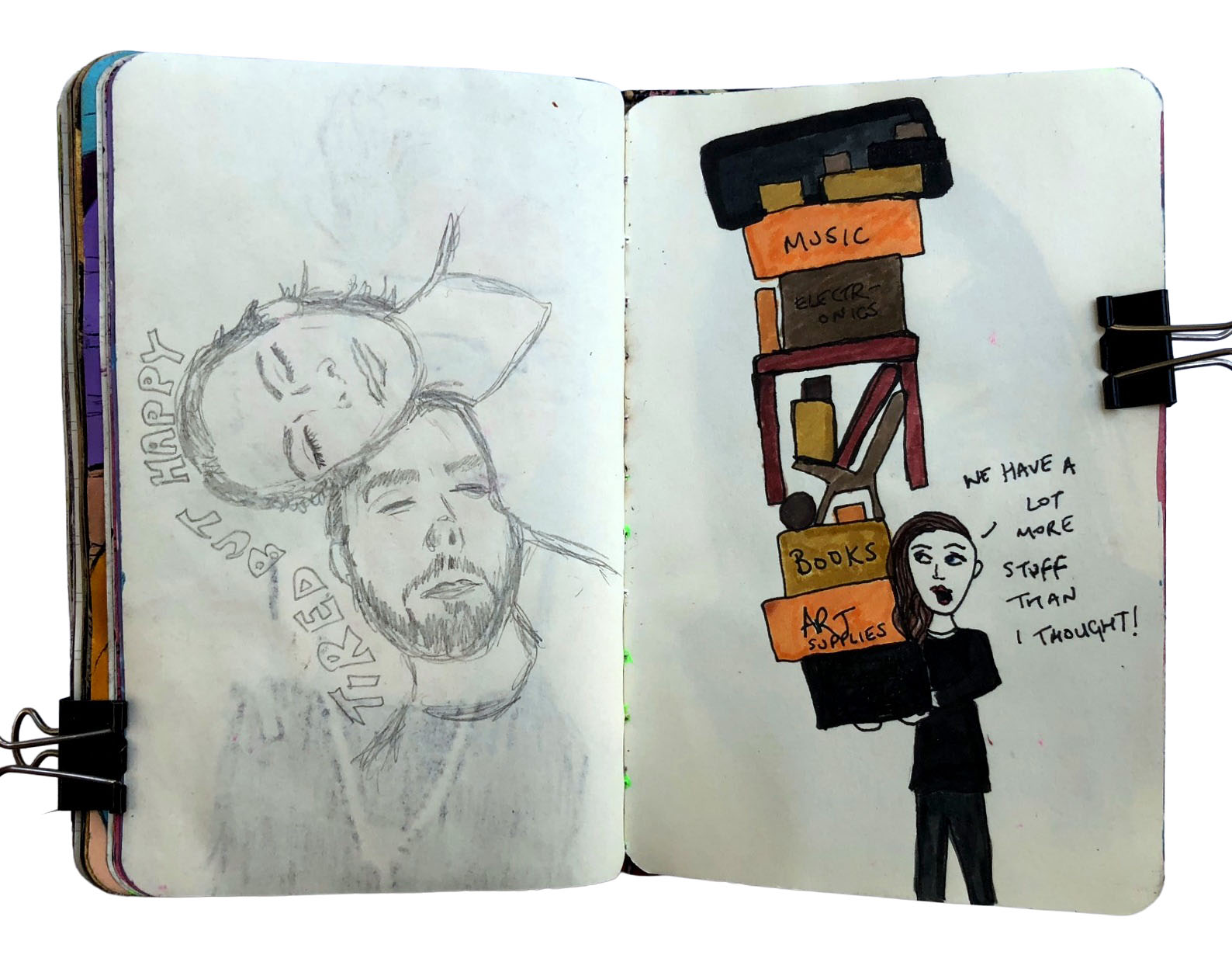 Art journal illustrations about moving house and feeling exhausted.