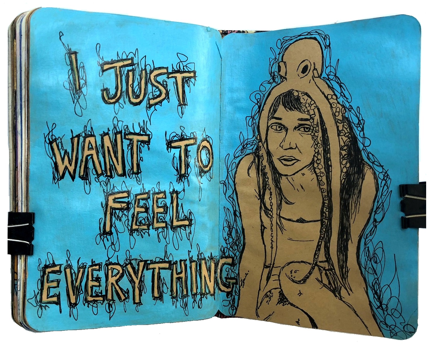 A mixed media art journal illustration of Fiona Apple with a squid on her head and lyrics from her song Every Single Night.