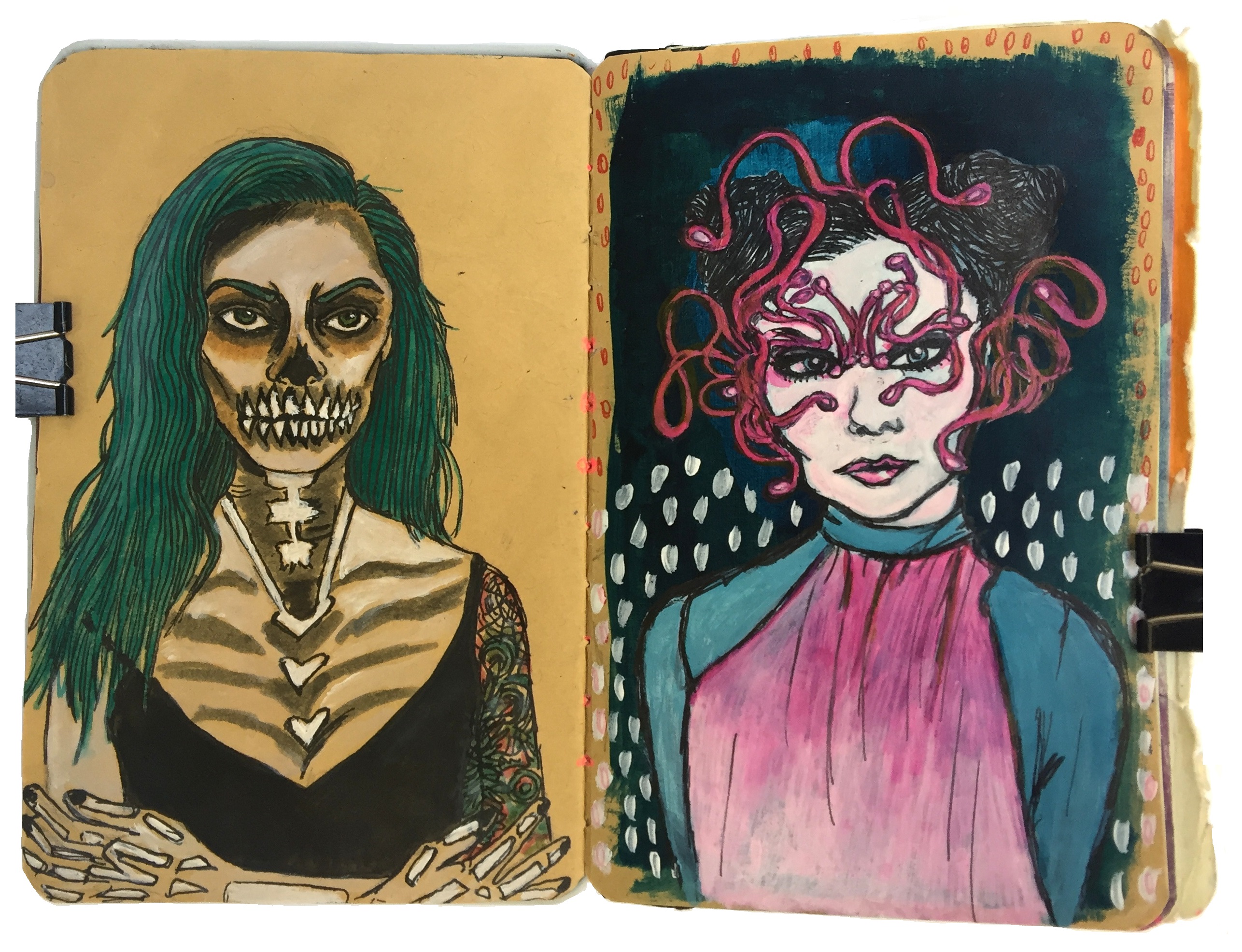 Days 275 and 316/365 of Year of Creative Habits. Art journal illustrated portraits of women in elaborate makeup, one in skull makeup inspired by Sktchy and the other as Bjork.