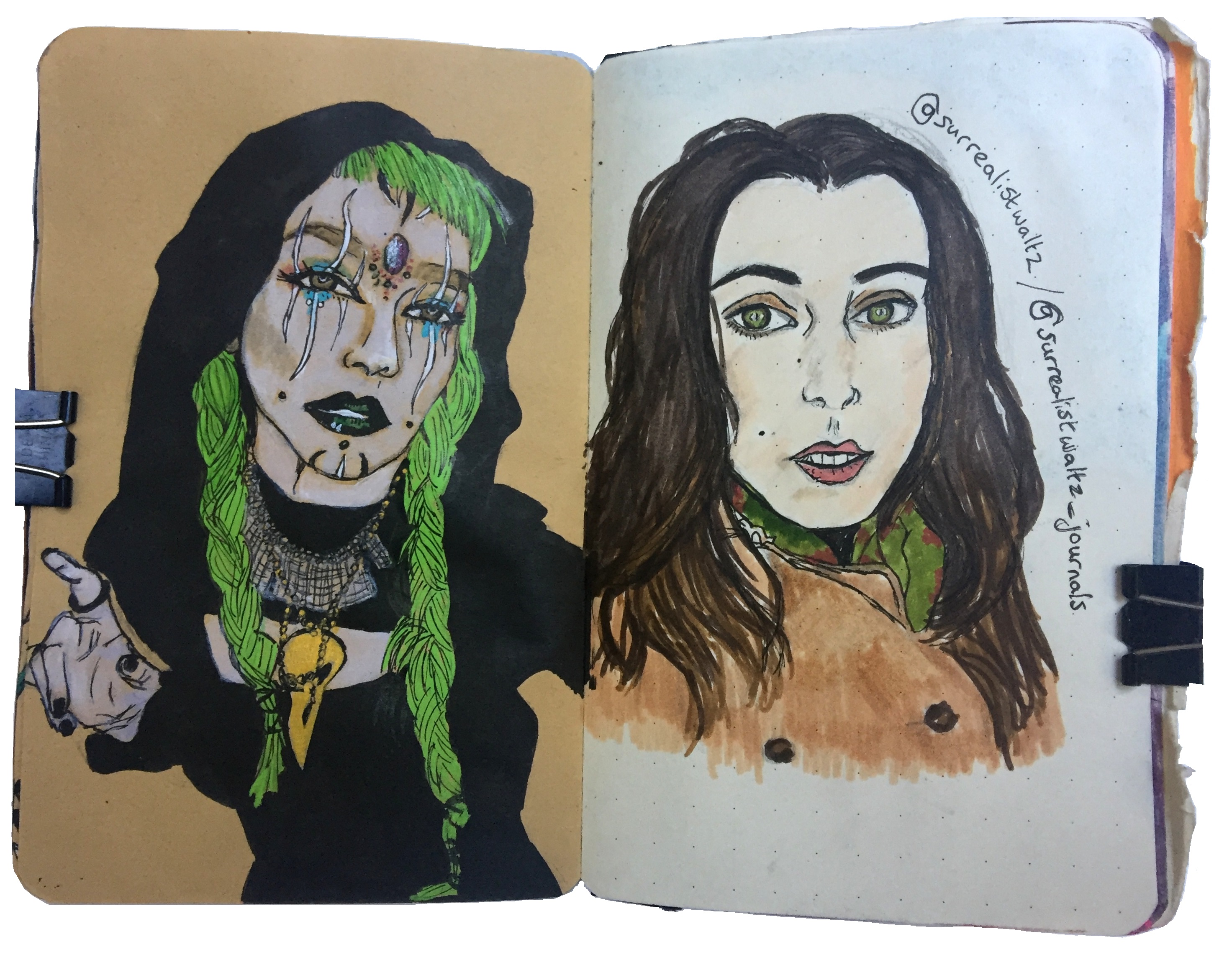 Days 276 and 152/365 of Year of Creative Habits. A mixed media art journal with witchy female portrait illustrations from Sktchy and Instagram.