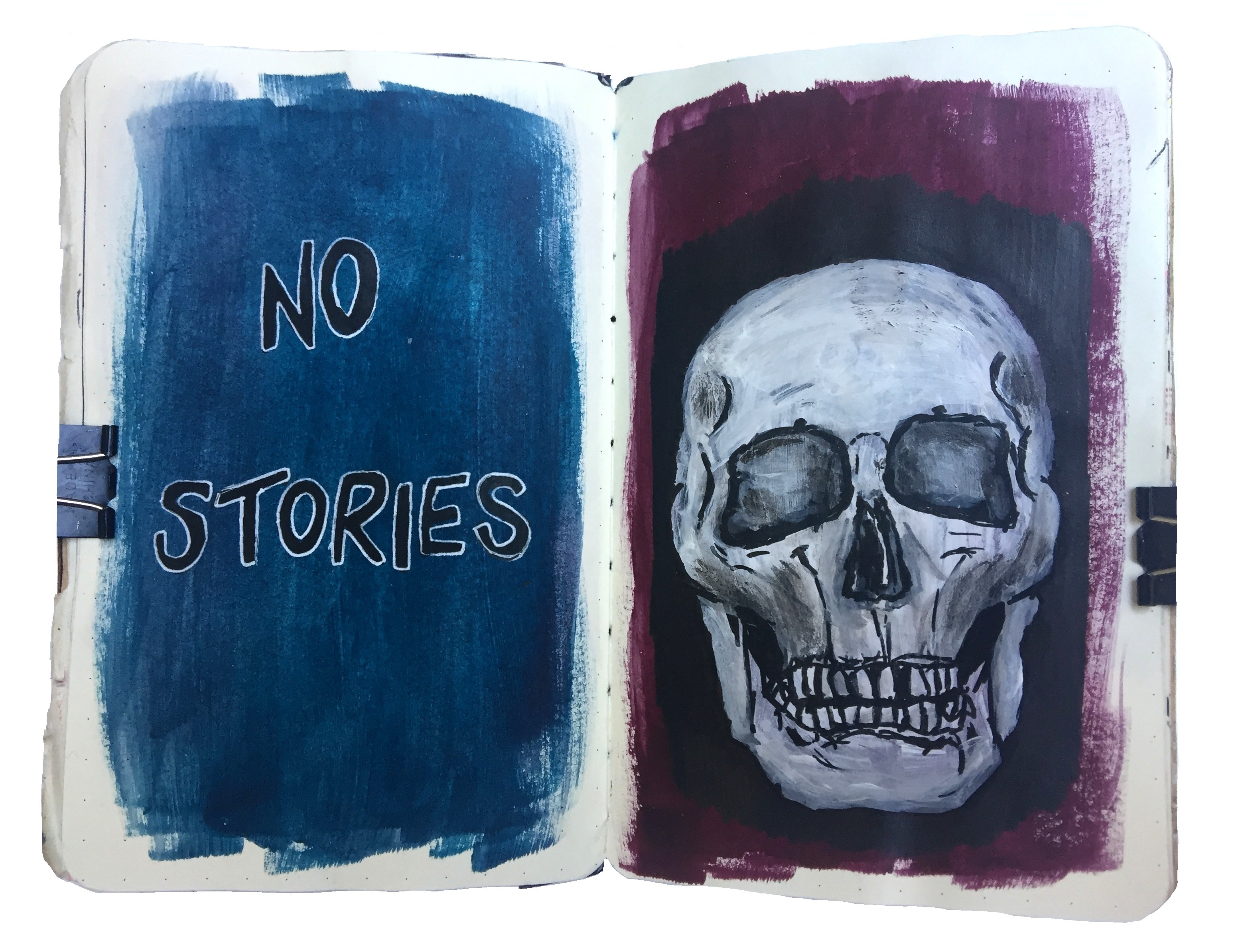 Days 146 and 148/365 of Year of Creative Habits. A mixed media art journal illustration of a skull with the words no stories next to it.