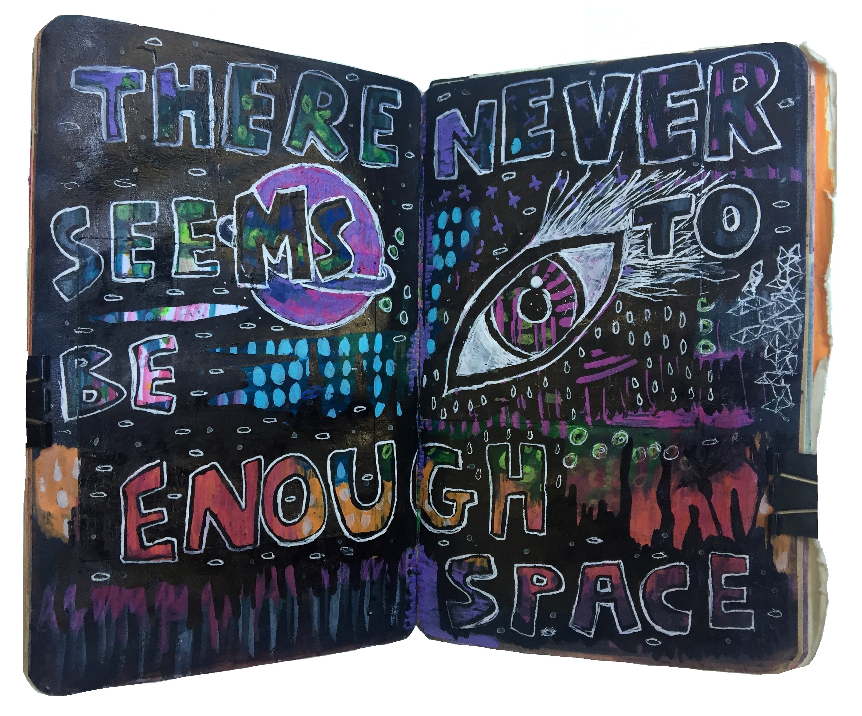 A mixed media art journal abstract painting of an eye flying through space with lyrics from Enough Space by the band Foo Fighters.