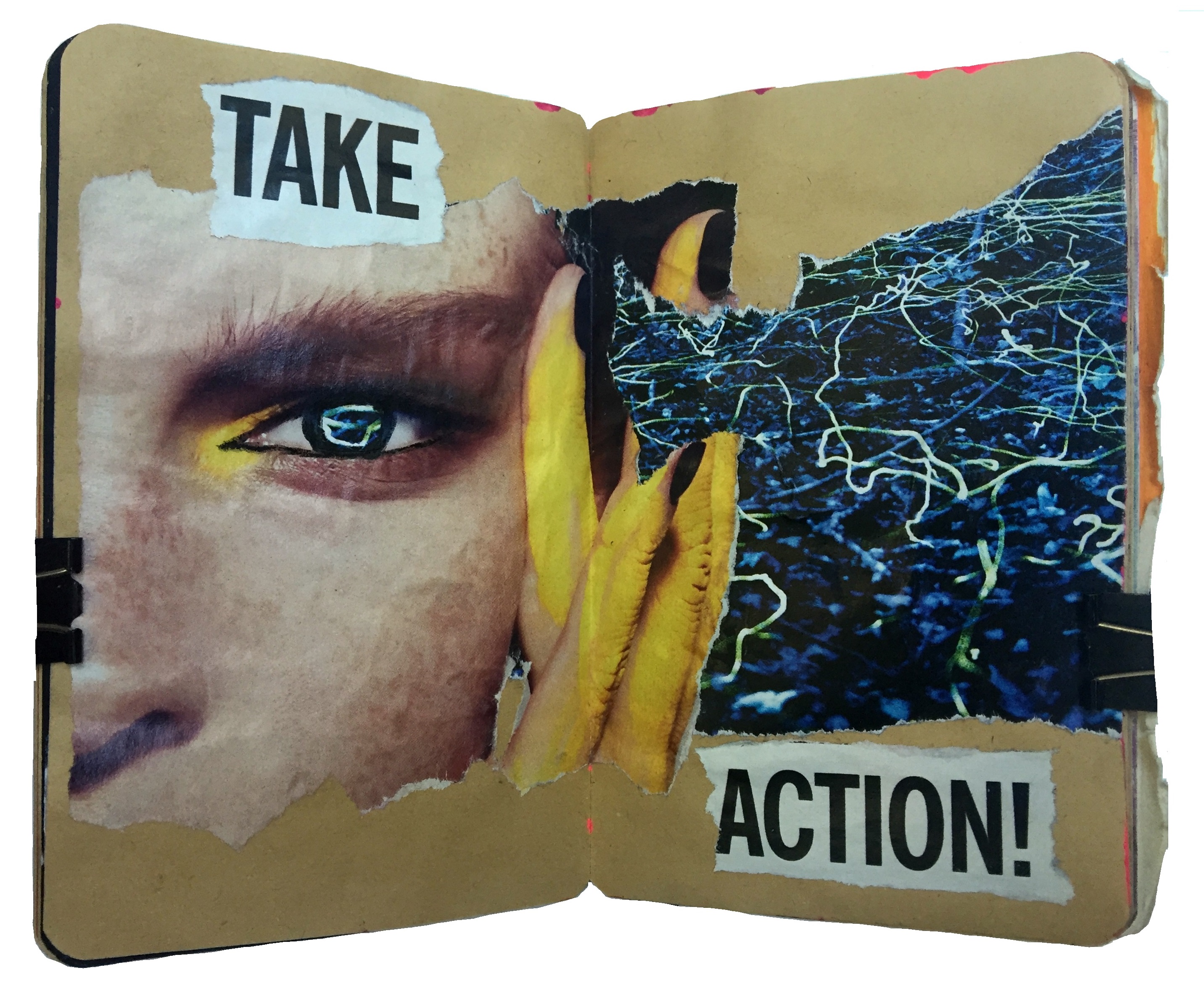 Day 144/365 of Year of Creative Habits. An art journal collage of a woman with a hand to her head with electricity coming out of her head and eyes with the words take action!