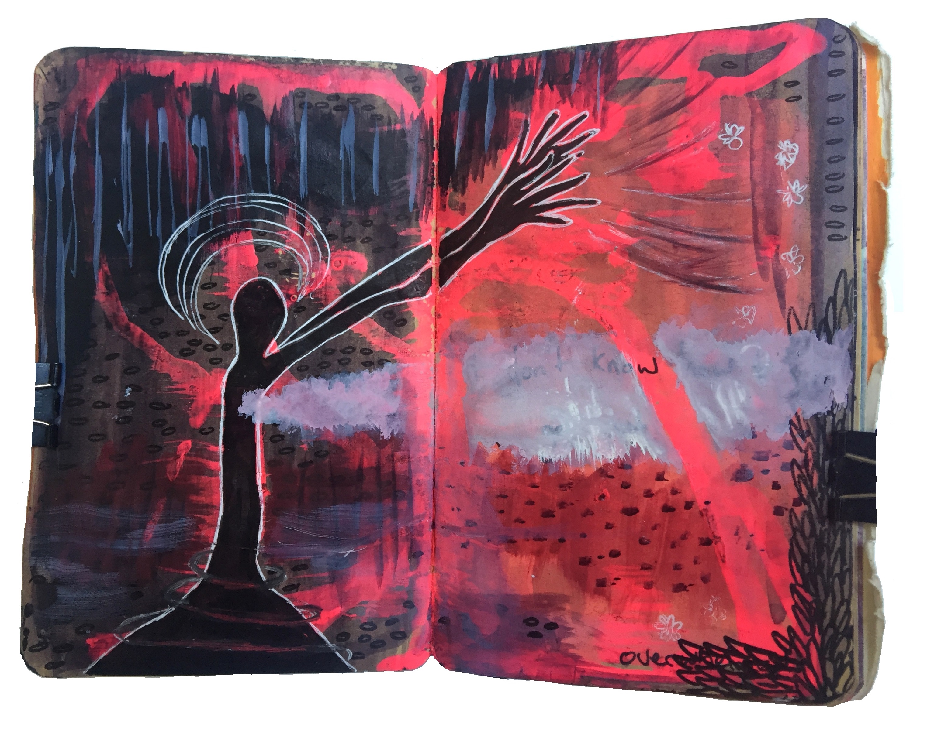 Days 146 and 165/365 of Year of Creative Habits. A mixed media art journal illustration of a shadowy figure reaching out into the abyss. This piece was featured in Synapse Zine, Vol. 3 (2017).