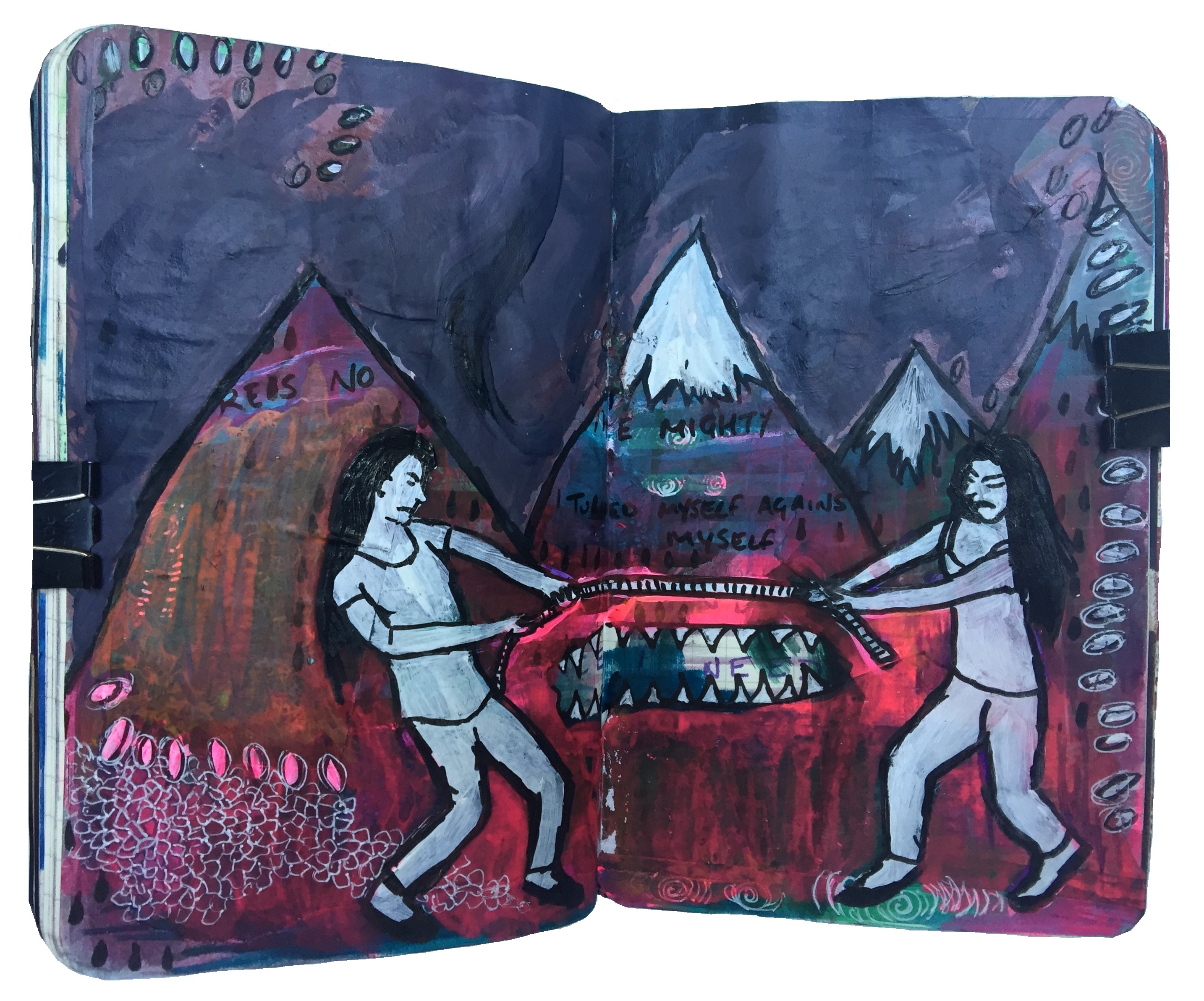 Days 176 and 178/365 of Year of Creative Habits. A mixed media art journal illustration of two women playing tug of war with an angry mountain in the background and lyrics by the band SubRosa.